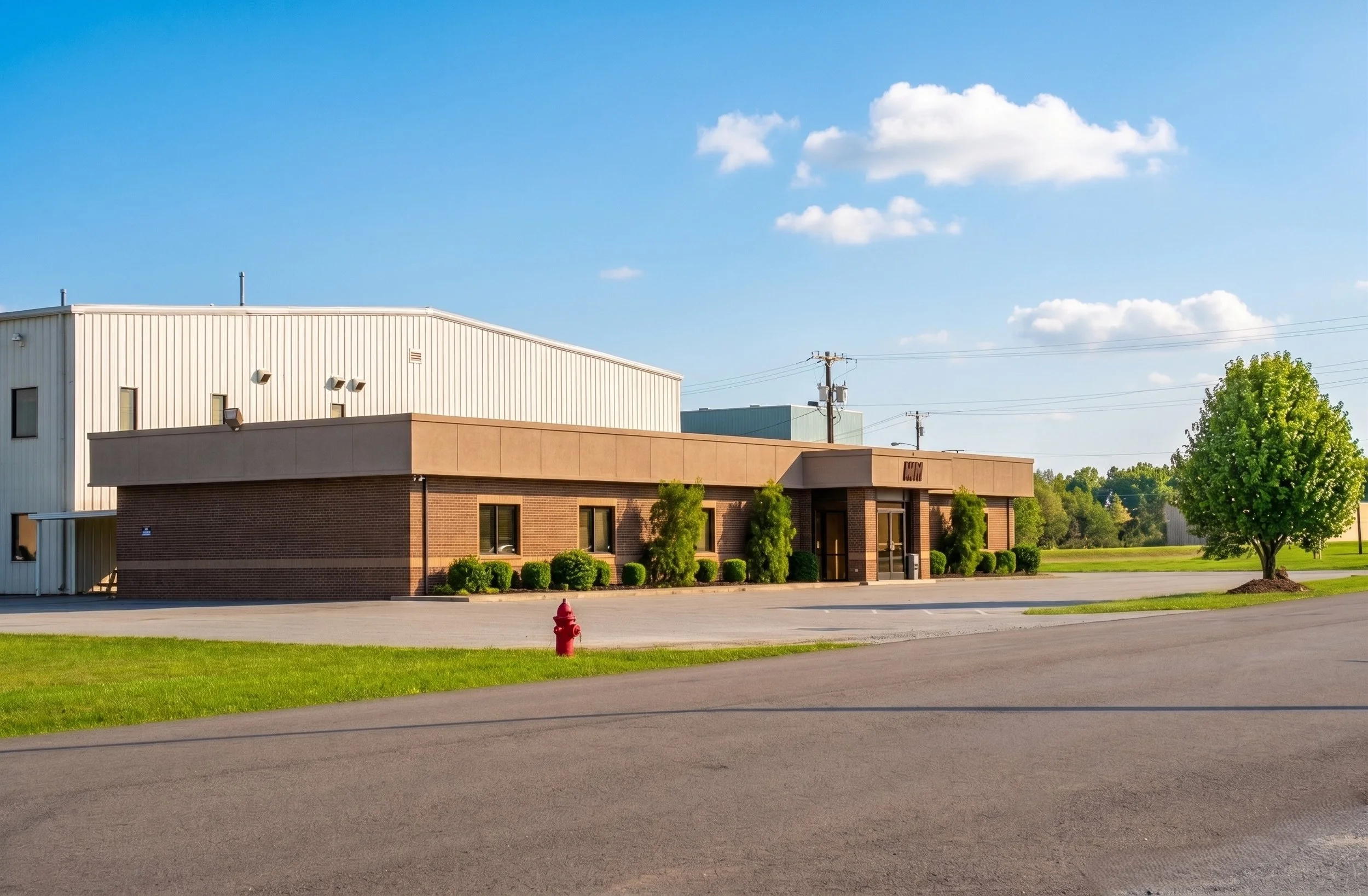 A commercial building with a beige and brown brick exterior, surrounded by green trees and bushes, under a blue sky with a few clouds.