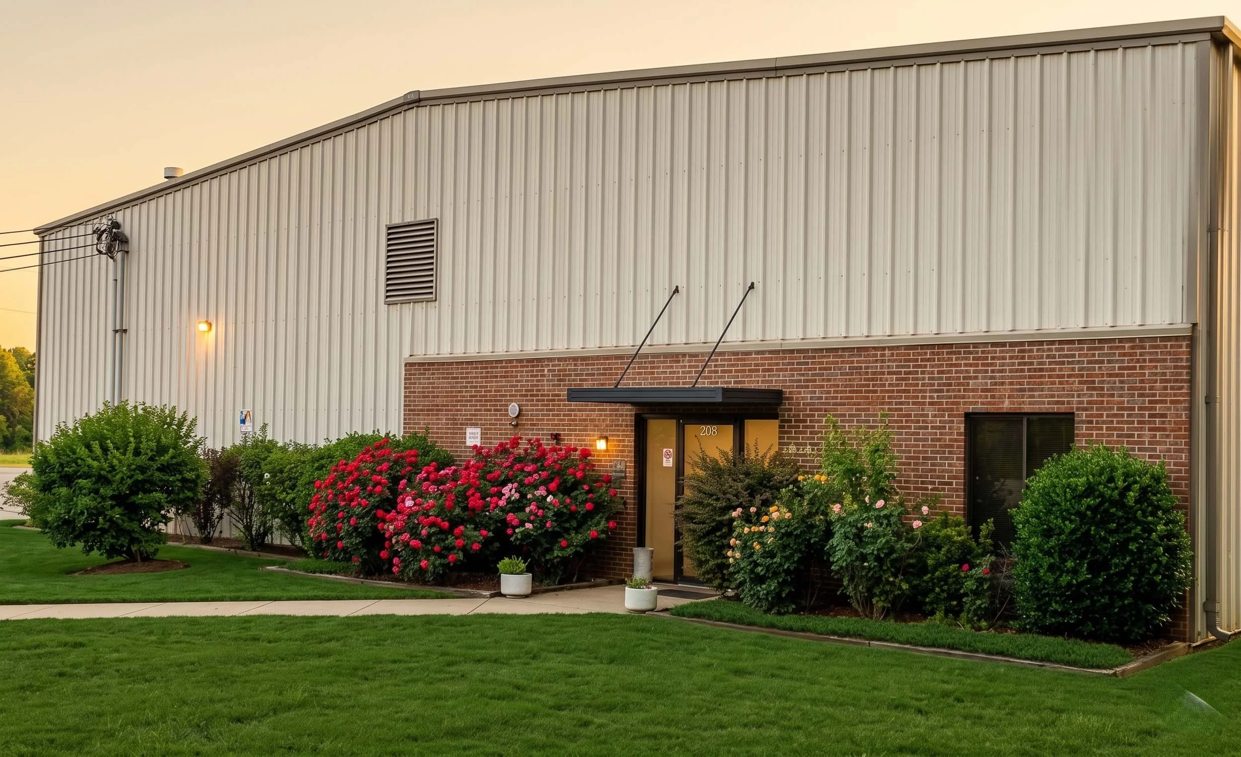 Red brick building with a glass door, surrounded by colorful pink and orange roses, green bushes, and a well-maintained lawn, with a clear evening sky.