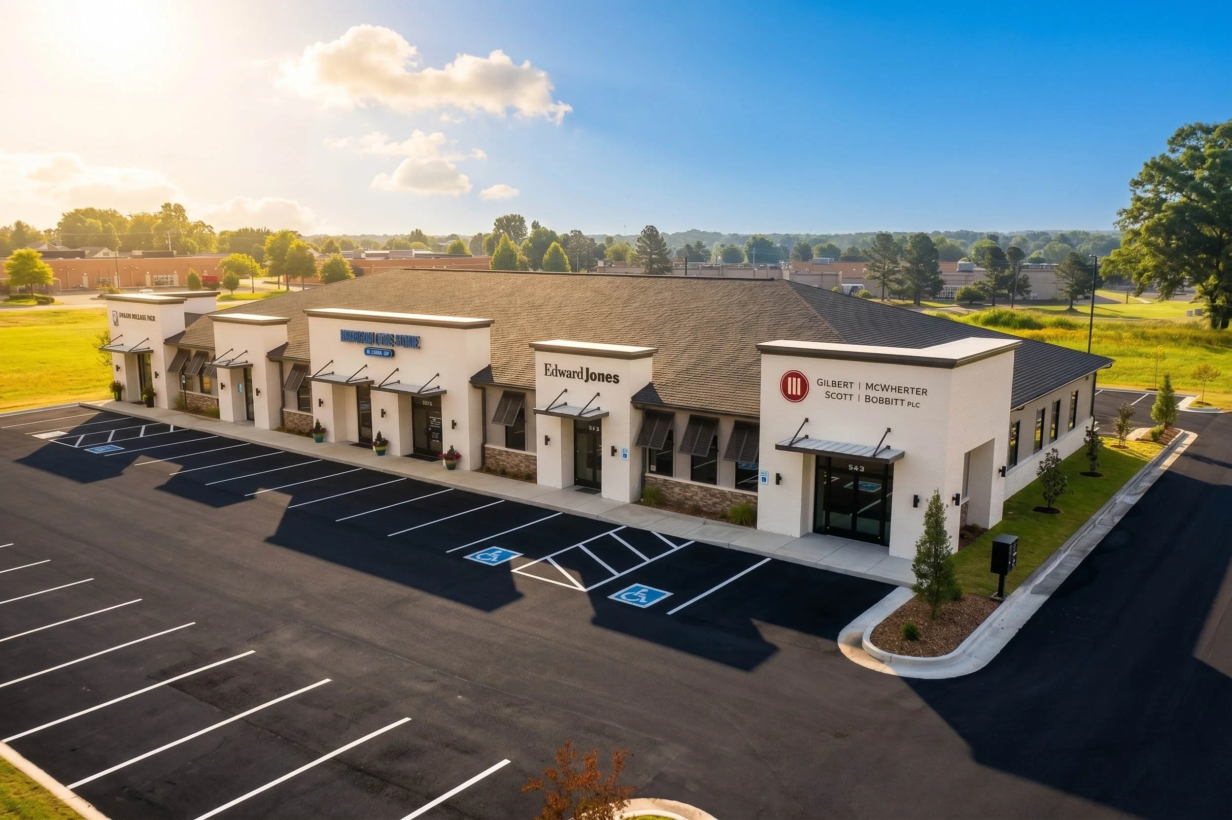 An aerial view of a modern office building with a parking lot in front, marked with accessible parking spaces, and surrounded by trees with a scenic background of a clear blue sky and scattered clouds.