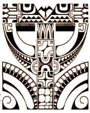 A black and white tribal or indigenous art design with geometric patterns and symmetrical shapes.