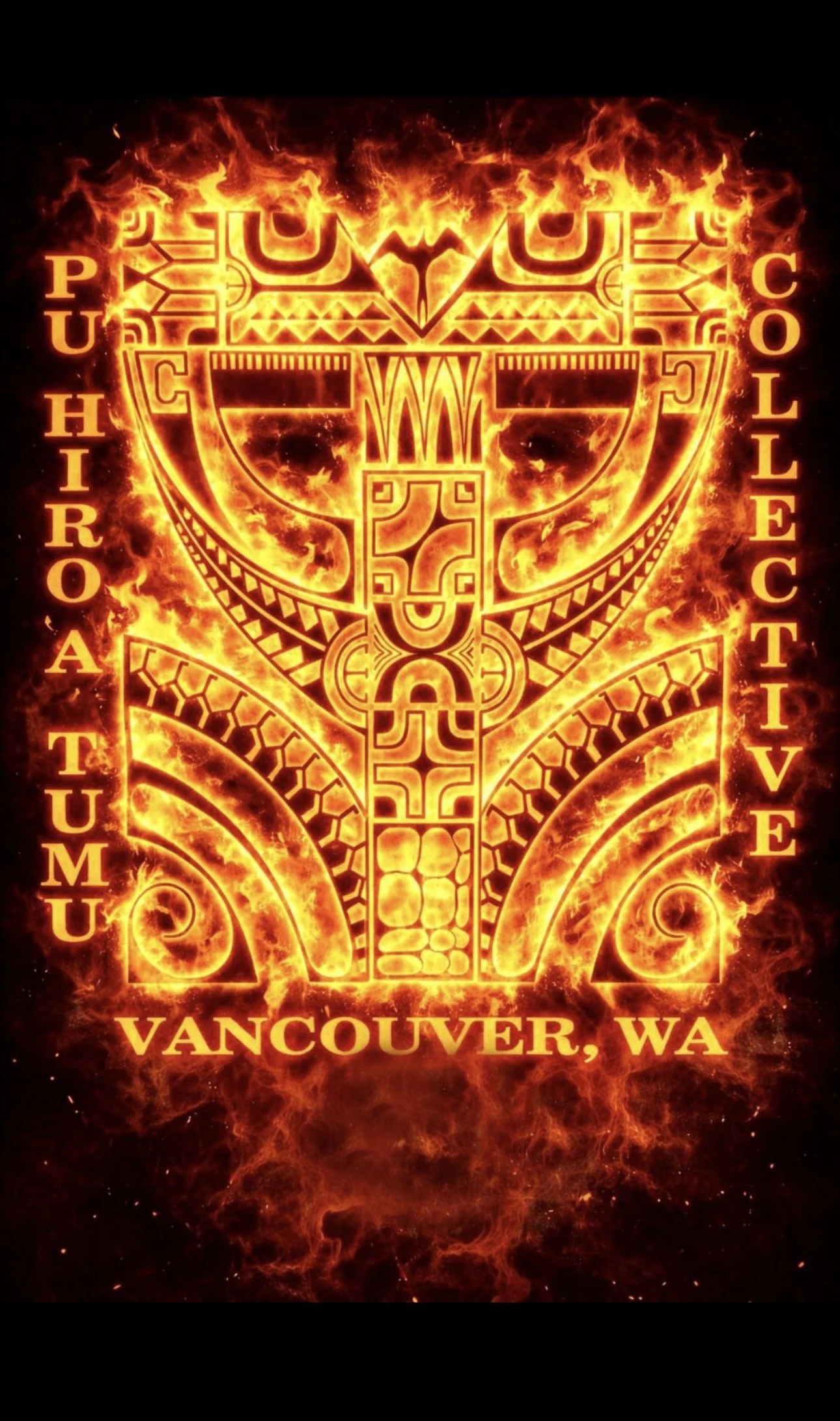 Design with fiery flames and tribal patterns reading "Pu Hiro'a Tumu" on the left and "Vancouver, WA" at the bottom, placed between the words “Peace” and “Peace” and “Love” and “Love” on the right.