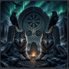 Two wolves resting in front of a glowing stone at night, with two ravens perched on tall structures behind them, a large circular symbol with runes and a tree design, and the northern lights illuminating the sky.
