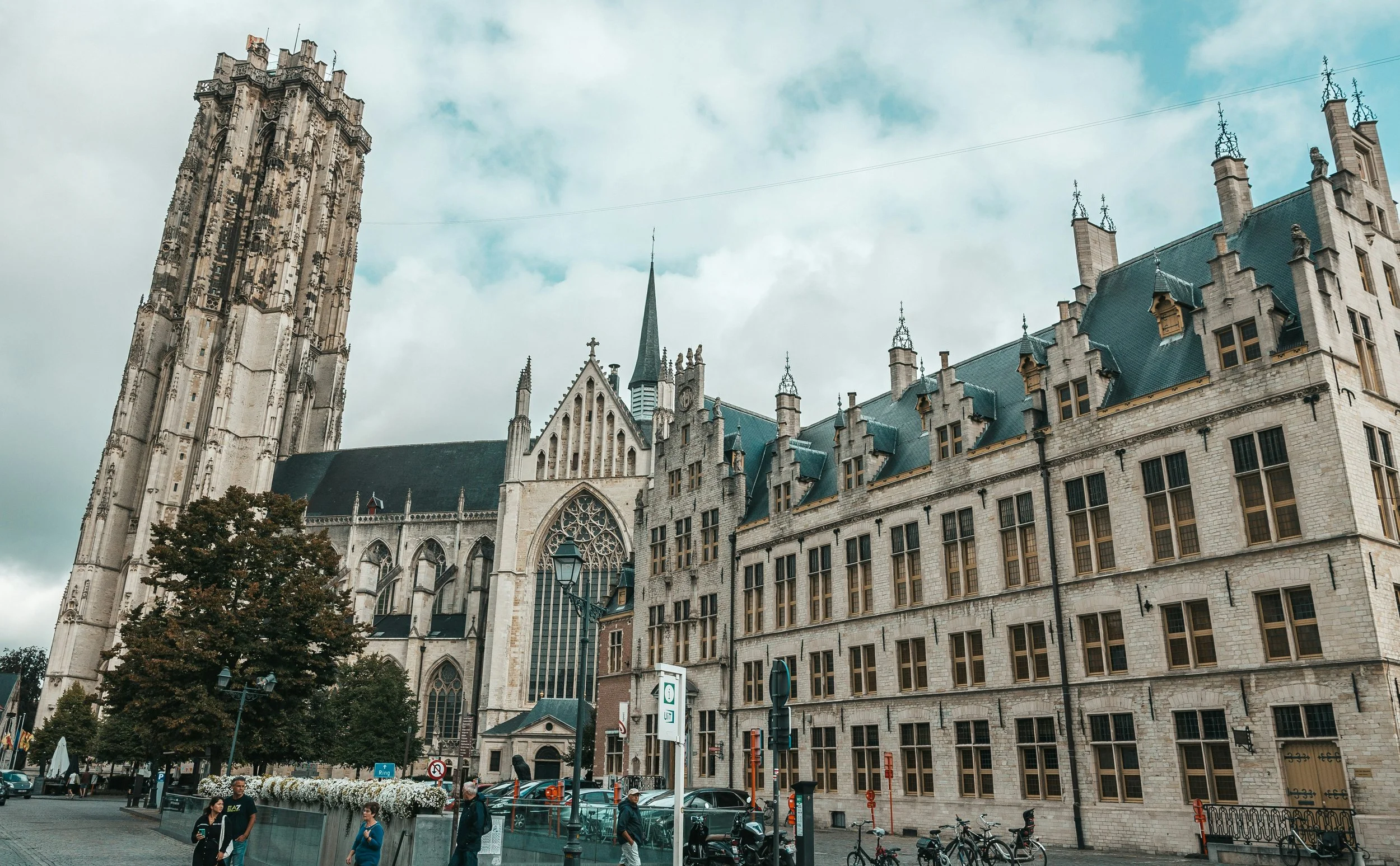 Een historische gotische kathedraal met hoge torens en gedetailleerde architectuur, op de voorgrond een drukke stadsstraat met voetgangers, fietsers en geparkeerde auto’s. Dit in Mechelen.