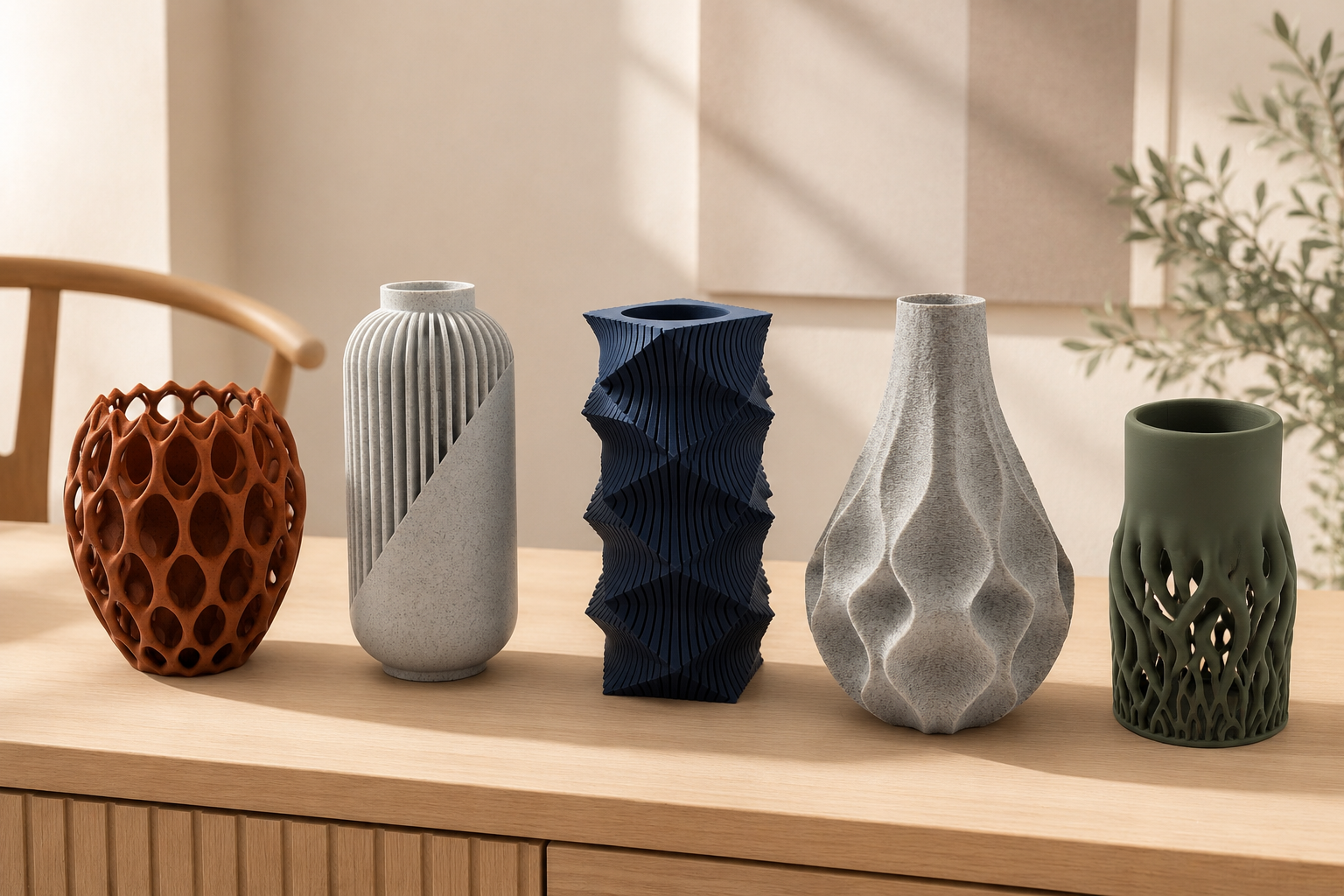 Vijf decoratieve vazen met verschillende texturen en kleuren staan op een rij op een houten oppervlak.