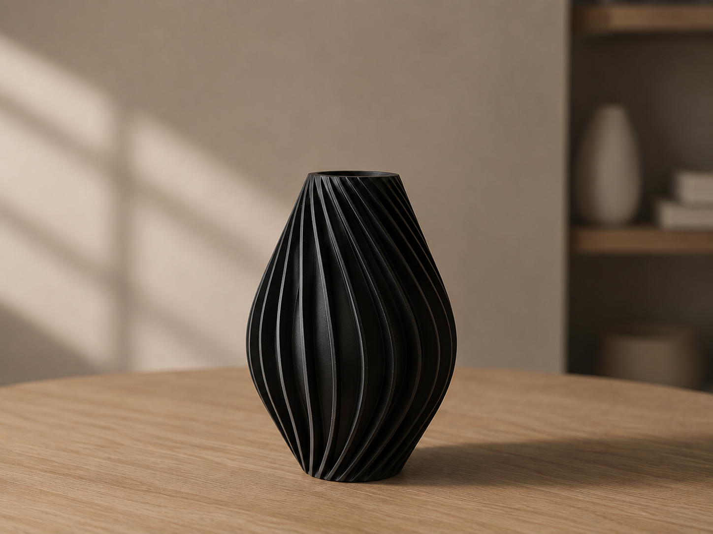 Een zwarte vaas die keramische lijkt maar 3D geprint is met geometrische patronen op een houten tafel, met op de achtergrond een vage beige muur en een plank met aardewerk en boeken.