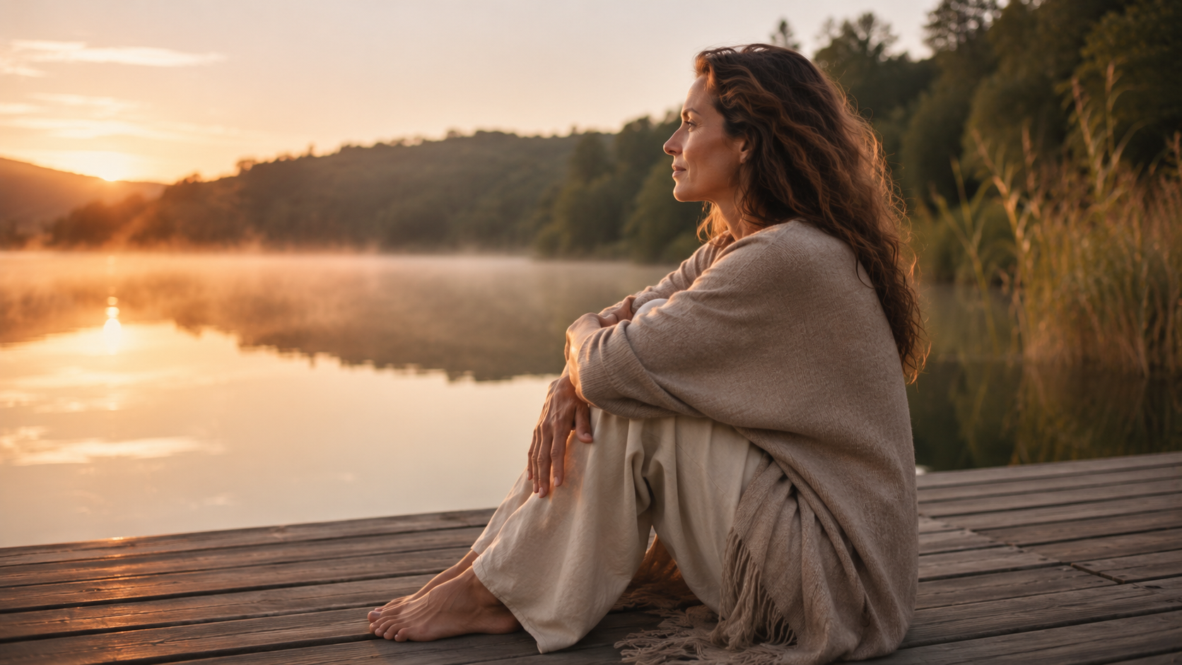 Eine Frau sitzt am Ufer eines Sees bei Sonnenuntergang, umgeben von Natur und Nebel auf dem Wasser.
