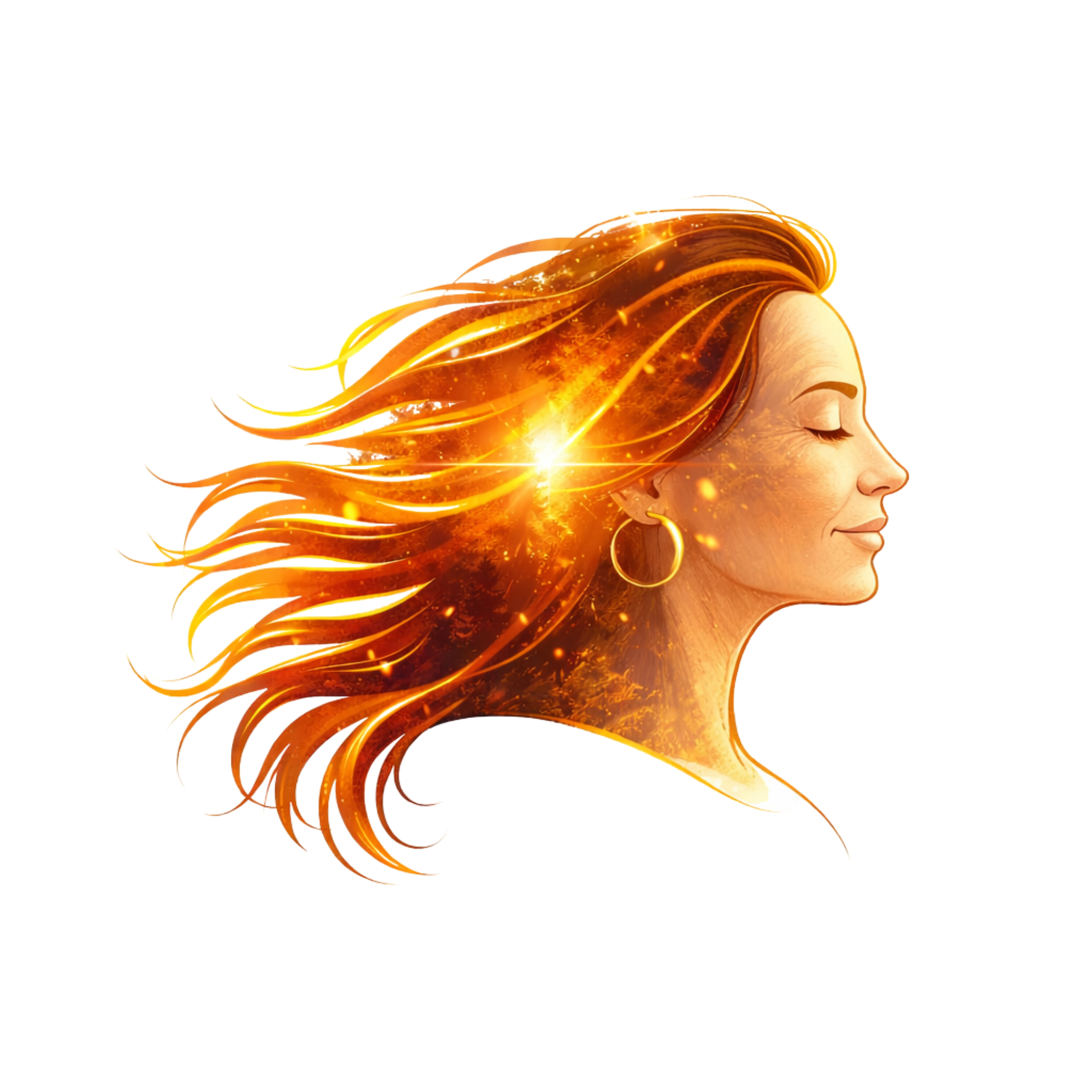 Eine zeichnerische Darstellung einer Frau mit geschlossenen Augen, nachdenklich, mit leuchtend orangenen und goldenen Haaren, die nach hinten wehen. Logo der Königinnentage.