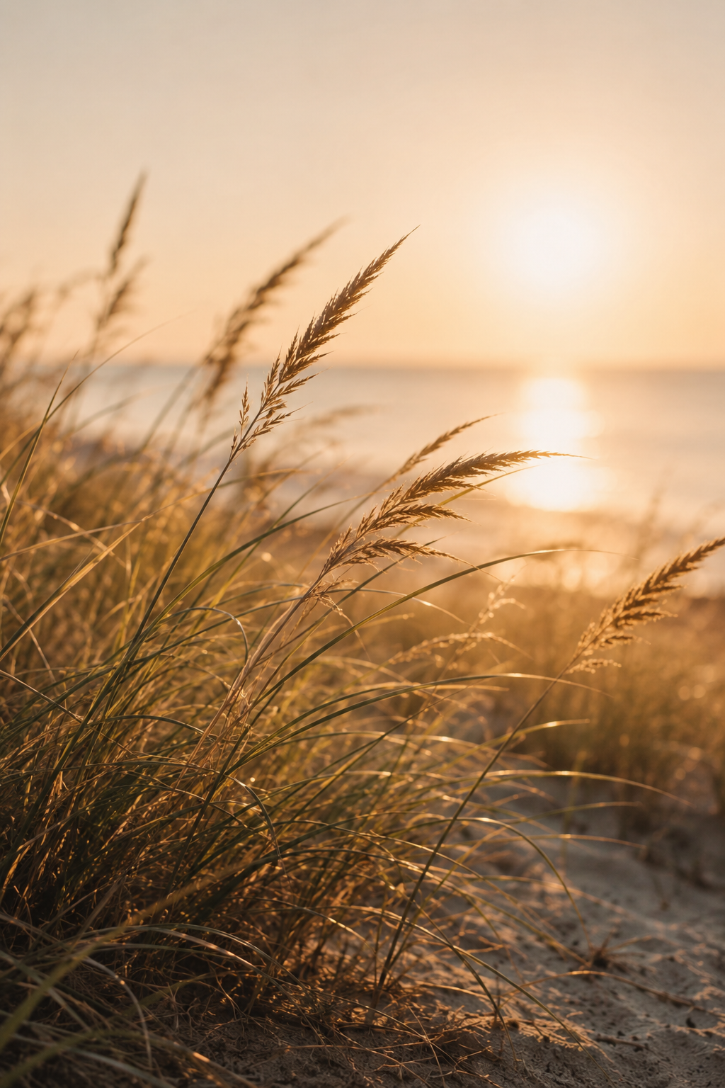 Gräser am Strand bei Sonnenuntergang, mit Blick auf das Meer.