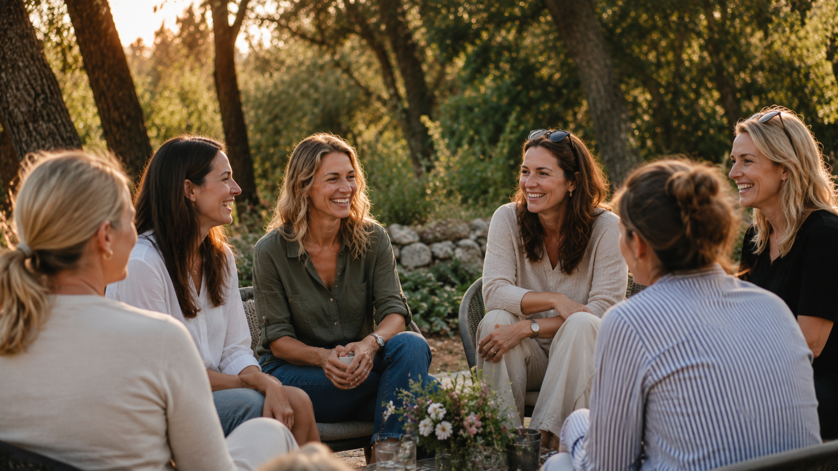 Sieben Frauen sitzen im Kreis im Freien, lachen und unterhalten sich bei Sonnenuntergang, umgeben von Bäumen und Blumen.