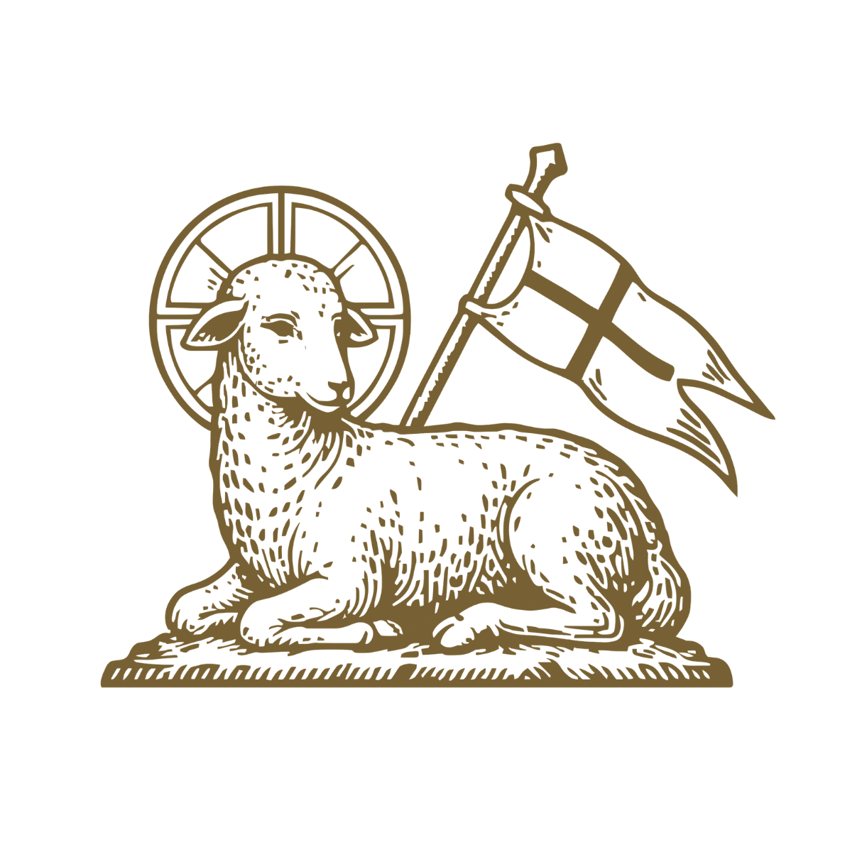 Illustration of a lounging lamb with a halo, holding a flag with a cross, and a shield in the background.