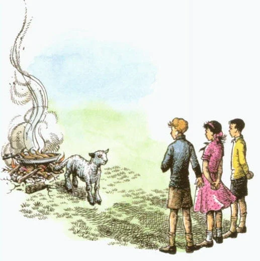 Three children standing in line looking at a sheep in front of a steaming cooking stove with a goat nearby.