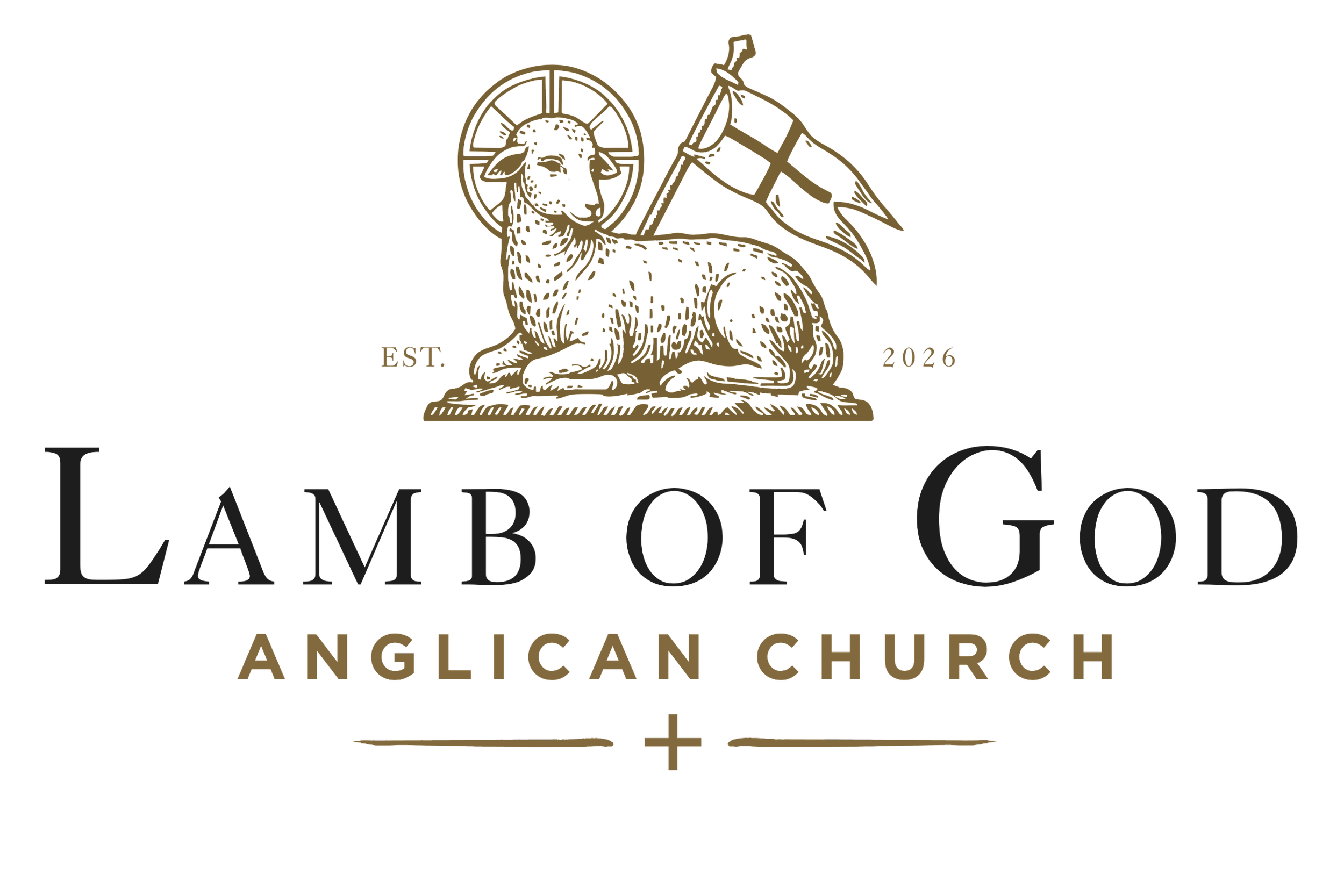 Logo of Lamb of God Anglican Church with a gold lamb figure holding a flag, a halo, and a sword, and text indicating establishment in 2026.