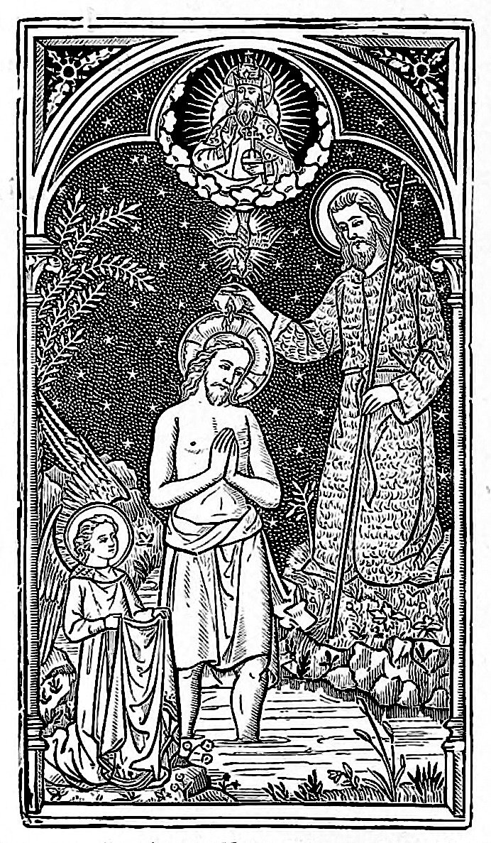 A black and white religious illustration depicting Jesus Christ being baptized by John the Baptist in the Jordan River, with a dove above symbolizing the Holy Spirit, and God the Father in a halo at the top, all framed within an ornate border.