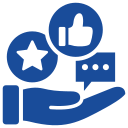 A hand holding three icons, including a star, a speech bubble, and a thumbs-up in a blue monochrome style.