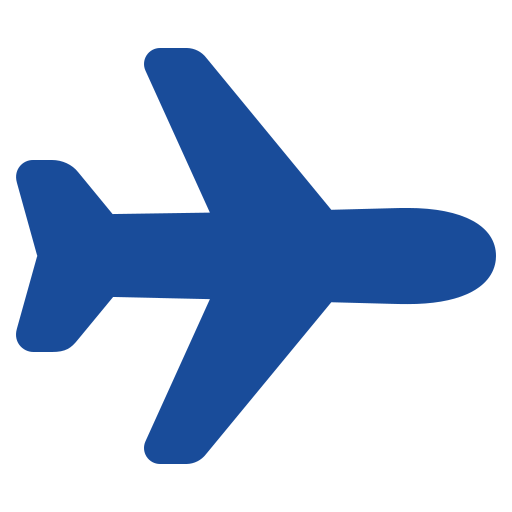 Blue airplane icon on a black background.