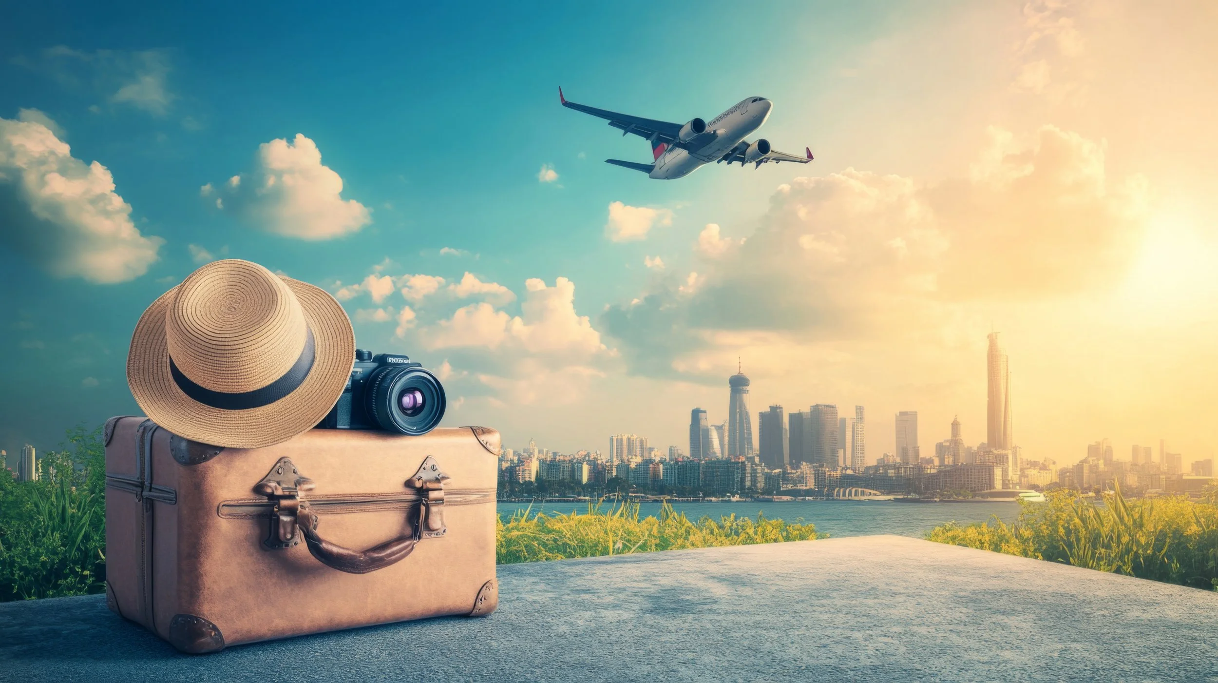 A suitcase and a straw hat with a black band on top of the suitcase, with a camera placed on the hat. In the background, a city skyline with tall buildings and a river underneath, under a sky with scattered clouds and a setting sun.