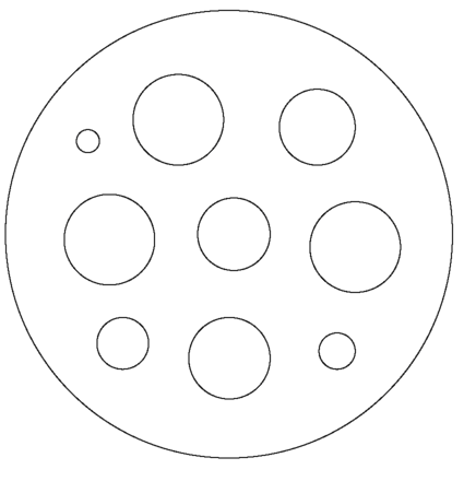A circular baking pan with multiple round sections of various sizes for baking mini cakes or muffins.