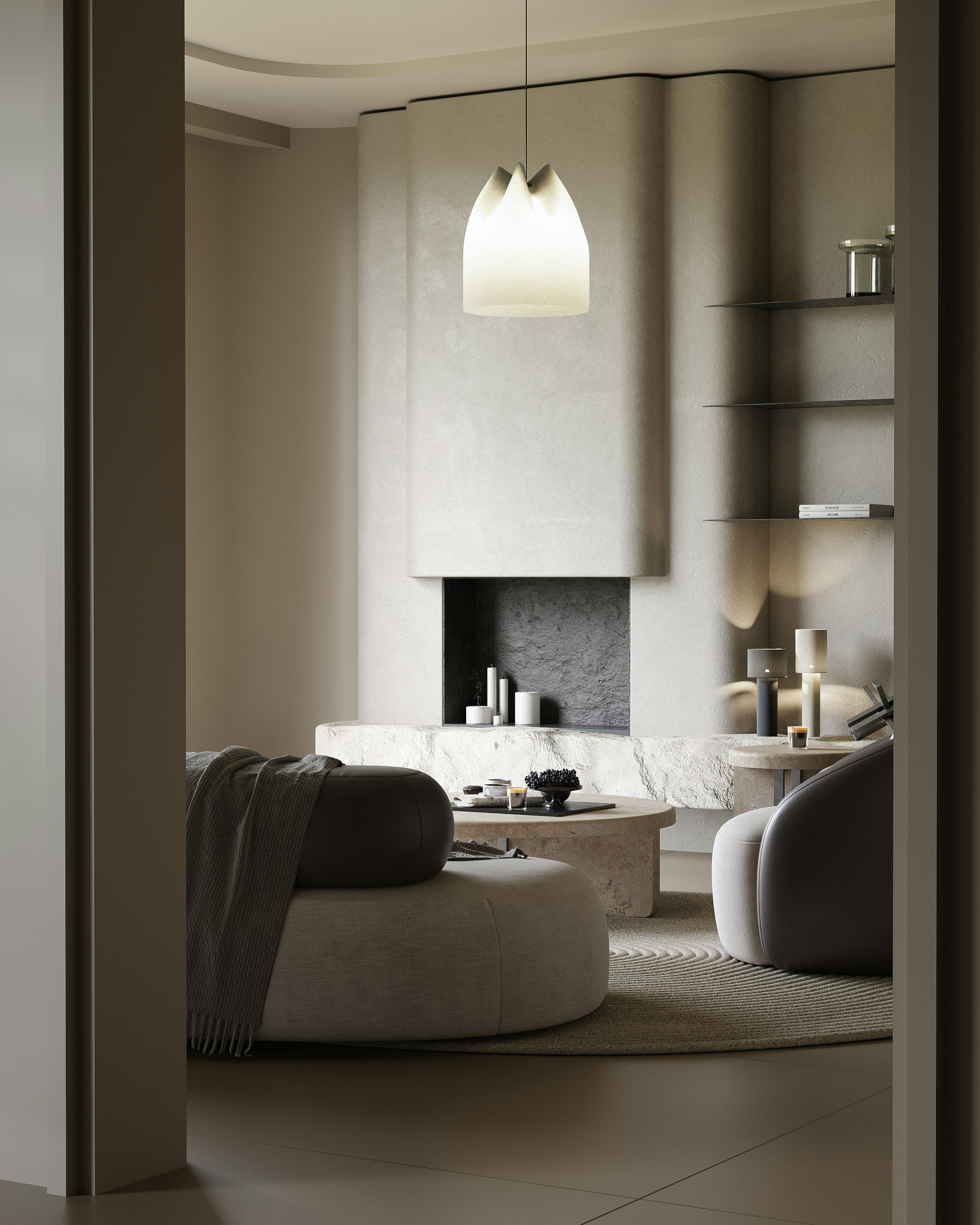 Modern living room with beige sofas, a stone fireplace, a coffee table with candles and a bowl of black berries, abstract wall art, and minimalist decor in neutral tones.