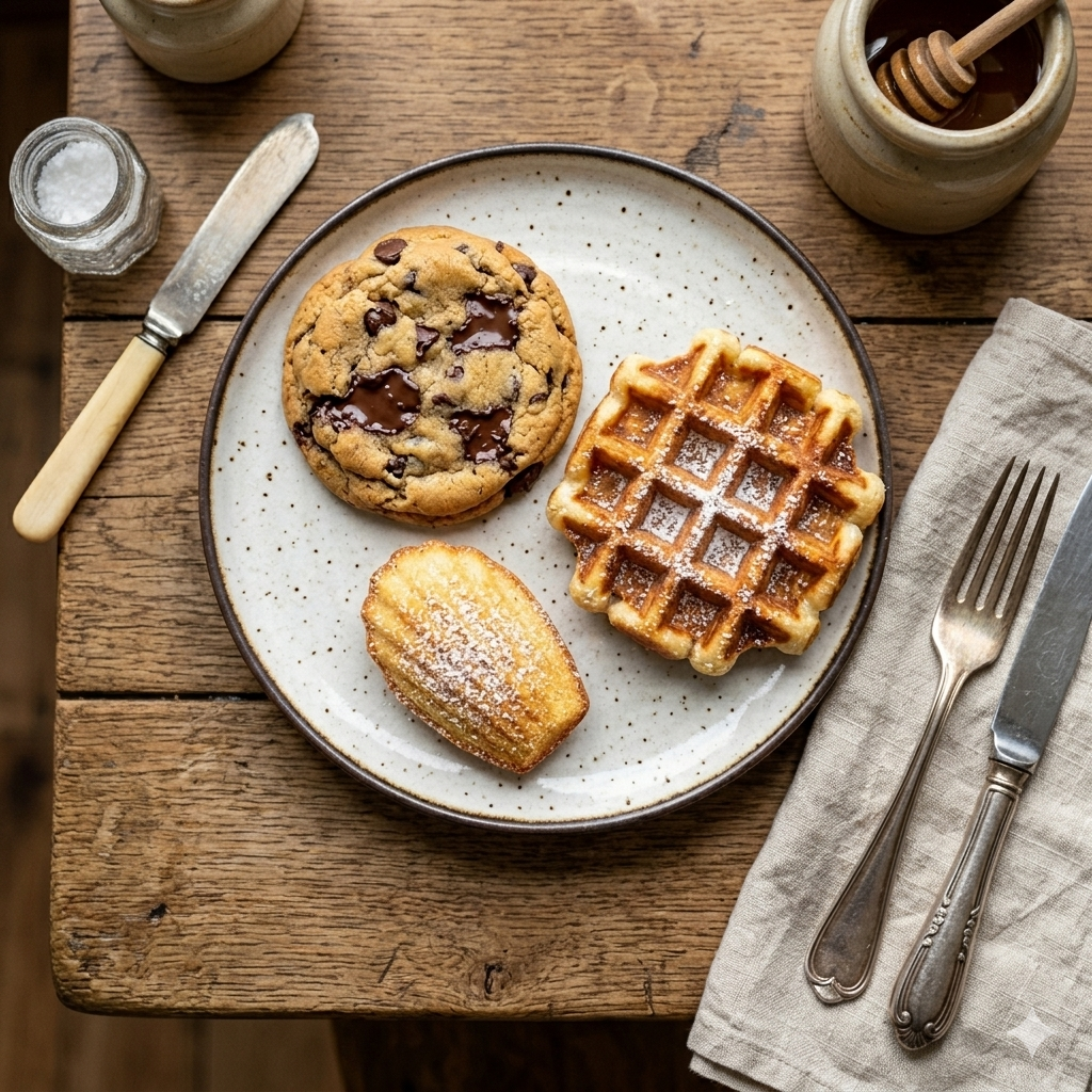 Une assiette avec un cookie aux pépites de chocolat, une gaufre saupoudrée de sucre glace et une Madeleines, entourée d'ustensiles et de contenants de miel et de sel sur une table en bois.