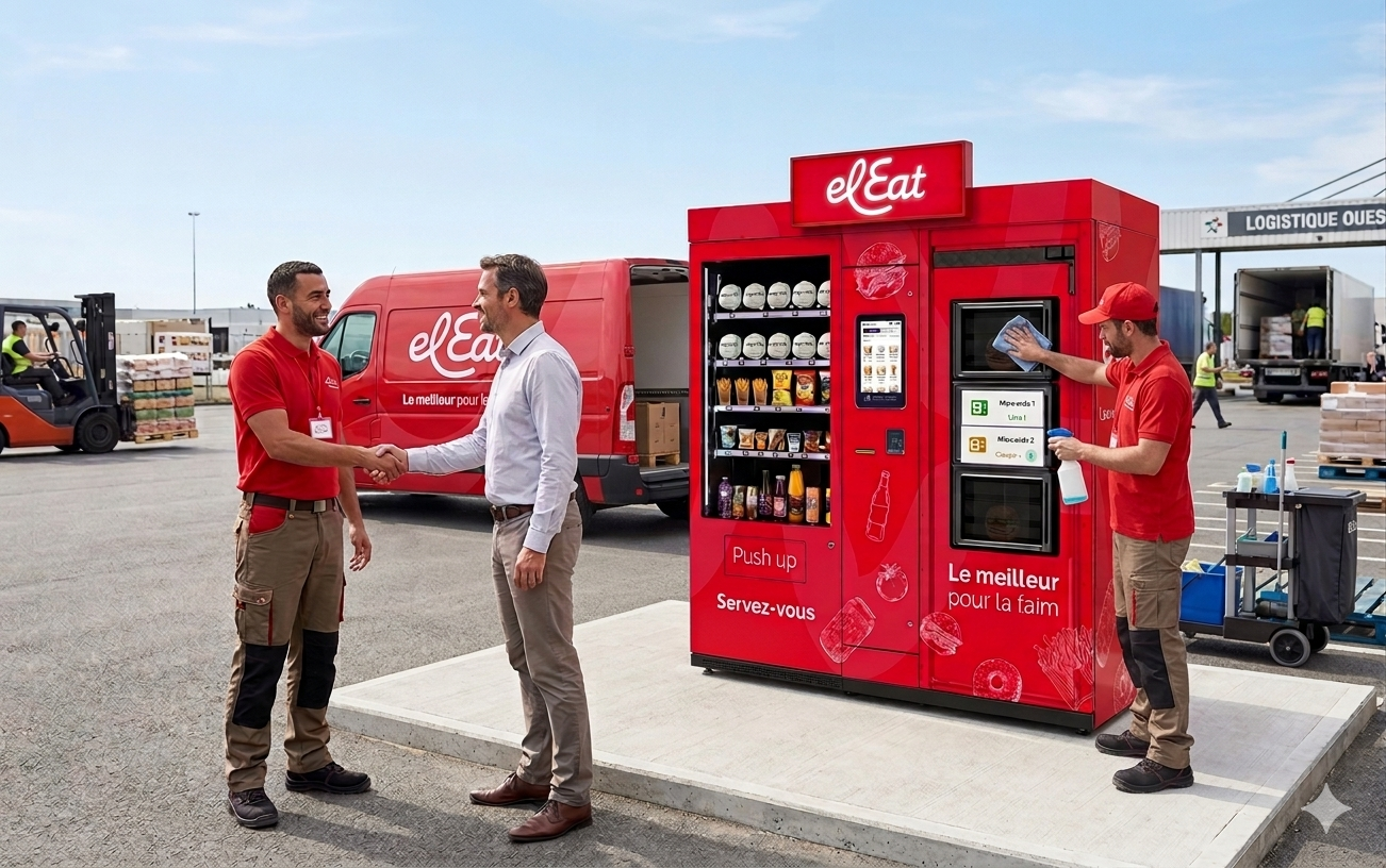 Deux hommes se serrent la main devant une machine distributrice automatique de nourriture dans un parking de livraison, avec un camion rouge derrière eux. Un employé en uniforme rouge nettoie la machine.