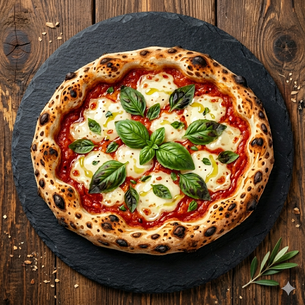 Une pizza Napolitaine avec une croûte bien dorée, de la sauce tomate, de la mozzarella fondue, et des feuilles de basilic frais, servie sur une assiette en ardoise sur une table en bois.