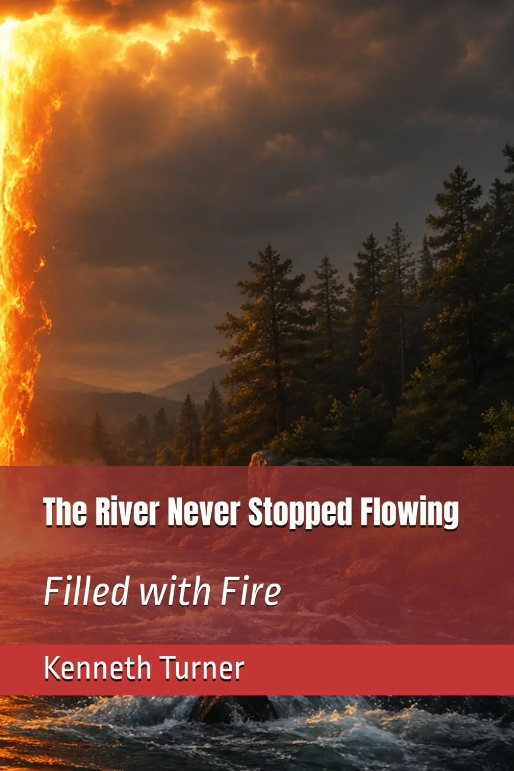 A river flowing through a forest under dark, cloudy skies, with a large fire on the left side illuminating the scene.