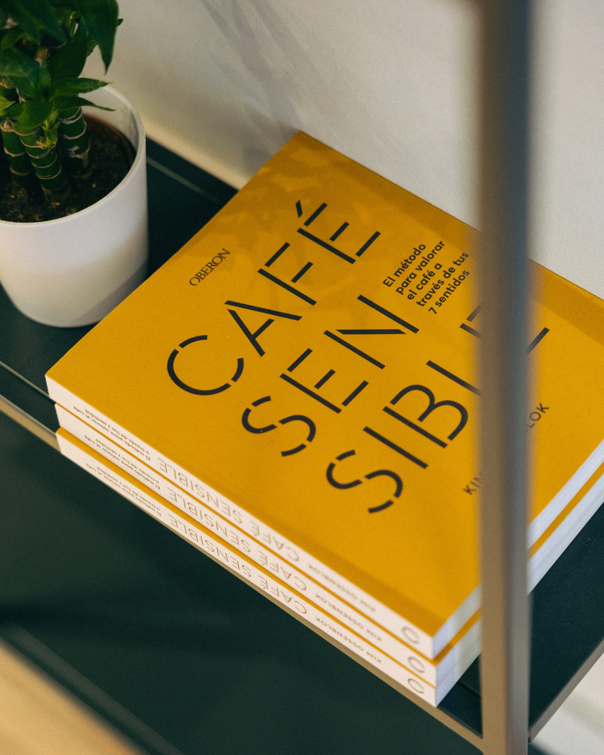A yellow book, Cafe Sensible, de Kin Ossenblock,  lying flat on a black surface next to a white potted plant with green leaves, partially covered by a gray vertical object.