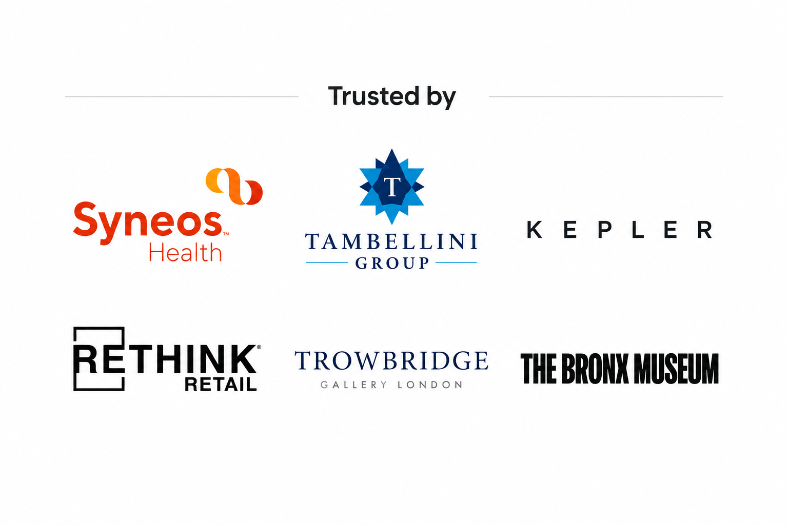 Logos of various organizations and institutions including Syneos Health, Tambellini Group, Kepler, Rethink Retail, Trowbridge Gallery London, and The Bronx Museum, with the text "Trusted by" above them.