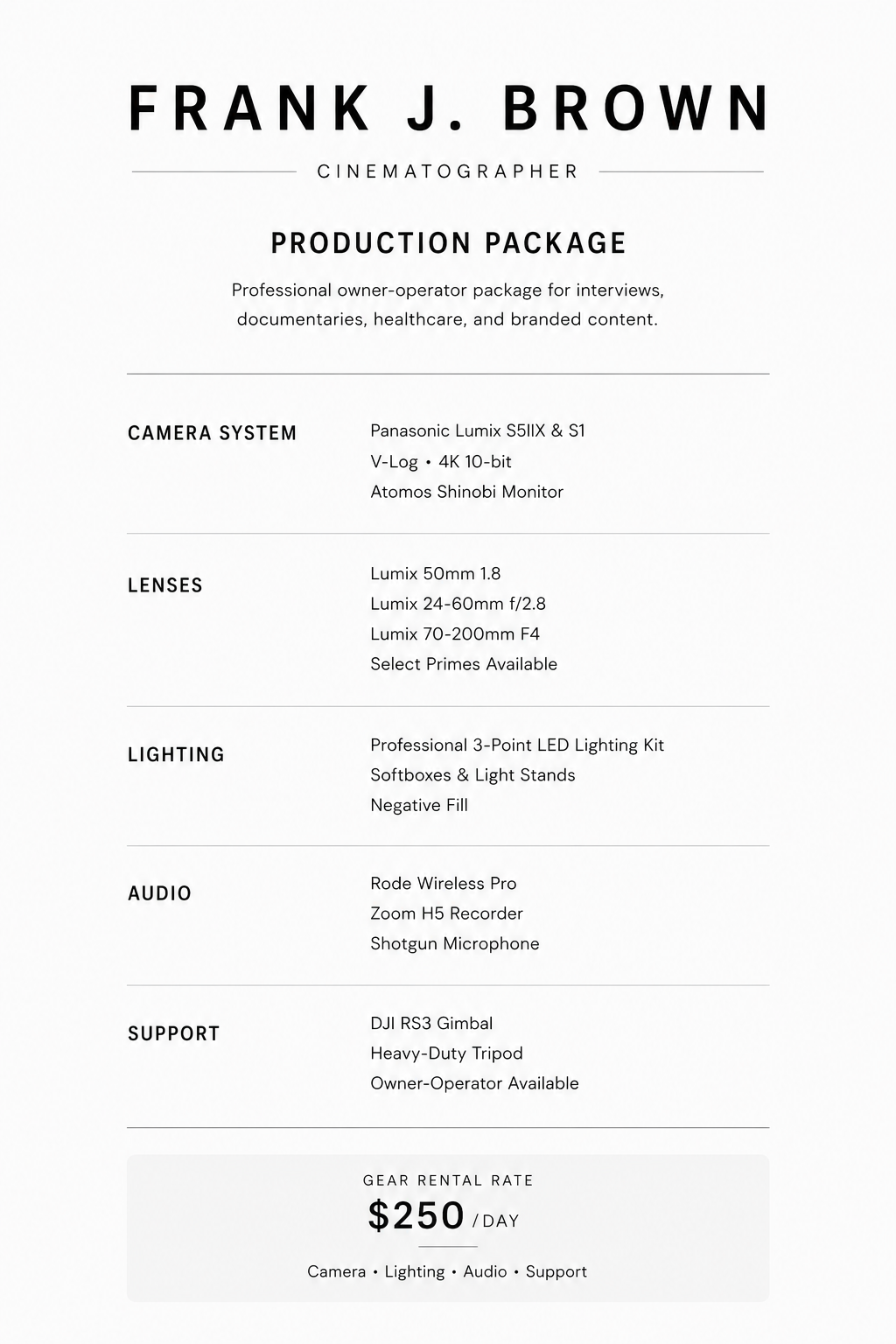 Production package details from Frank J. Brown, a cinematographer, including camera system, lenses, lighting, audio, and support equipment with a daily rental rate of $250.