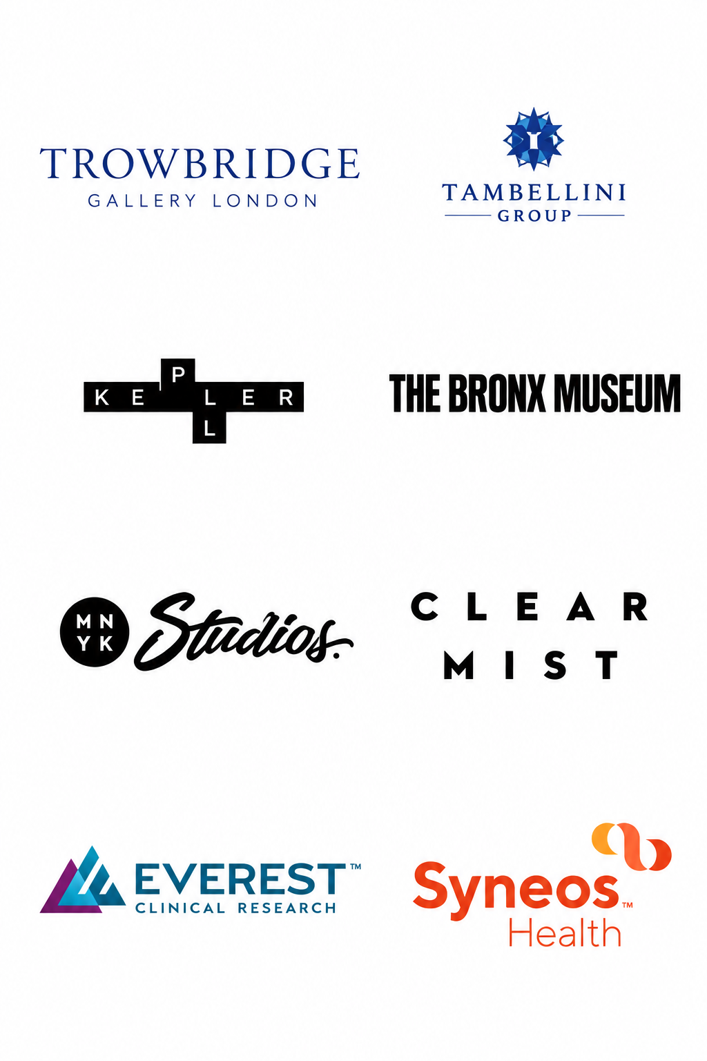 Collection of various company and museum logos including Trowbridge Gallery London, Tambellini Group, Keller Museum, The Bronx Museum, MN YK Studios, Clear Mist, Everest Clinical Research, and Syneos Health.