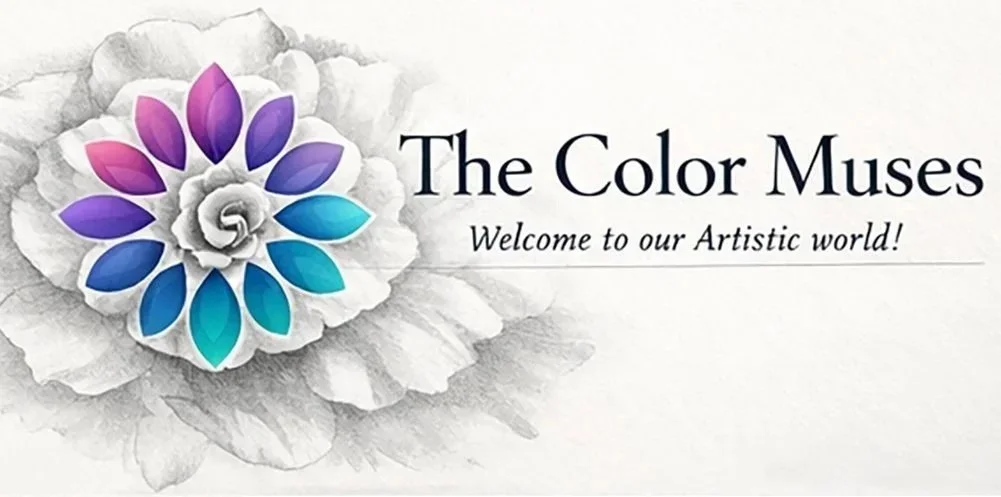 Logo of The Color Muses featuring a flower with purple, blue, and teal petals and gray shading, with the text 'The Color Muses' and 'Welcome to our Artistic world!' on a watercolor background.