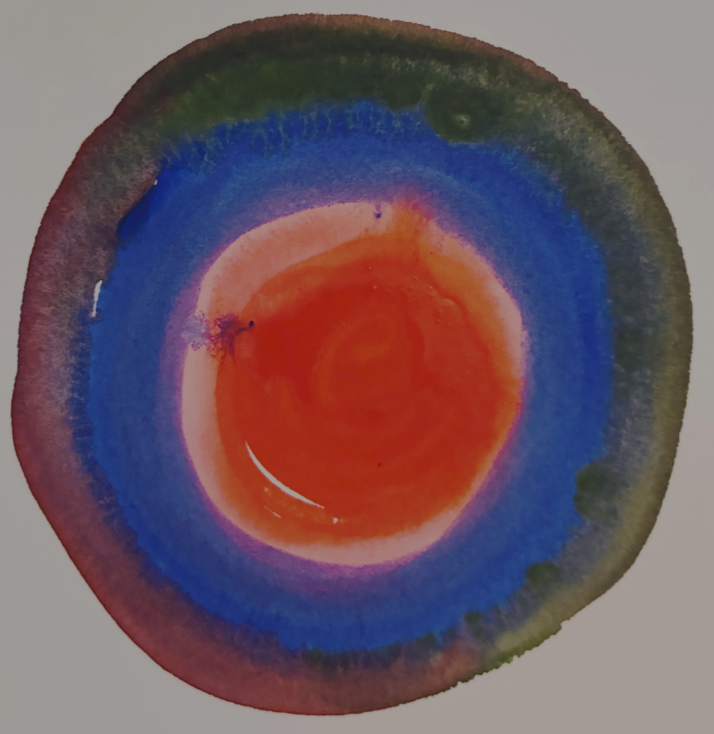 A colorful abstract painting featuring concentric, watercolor washes of circles pooling into each other in shades of rich dark indigo, royal blue and hot magenta.