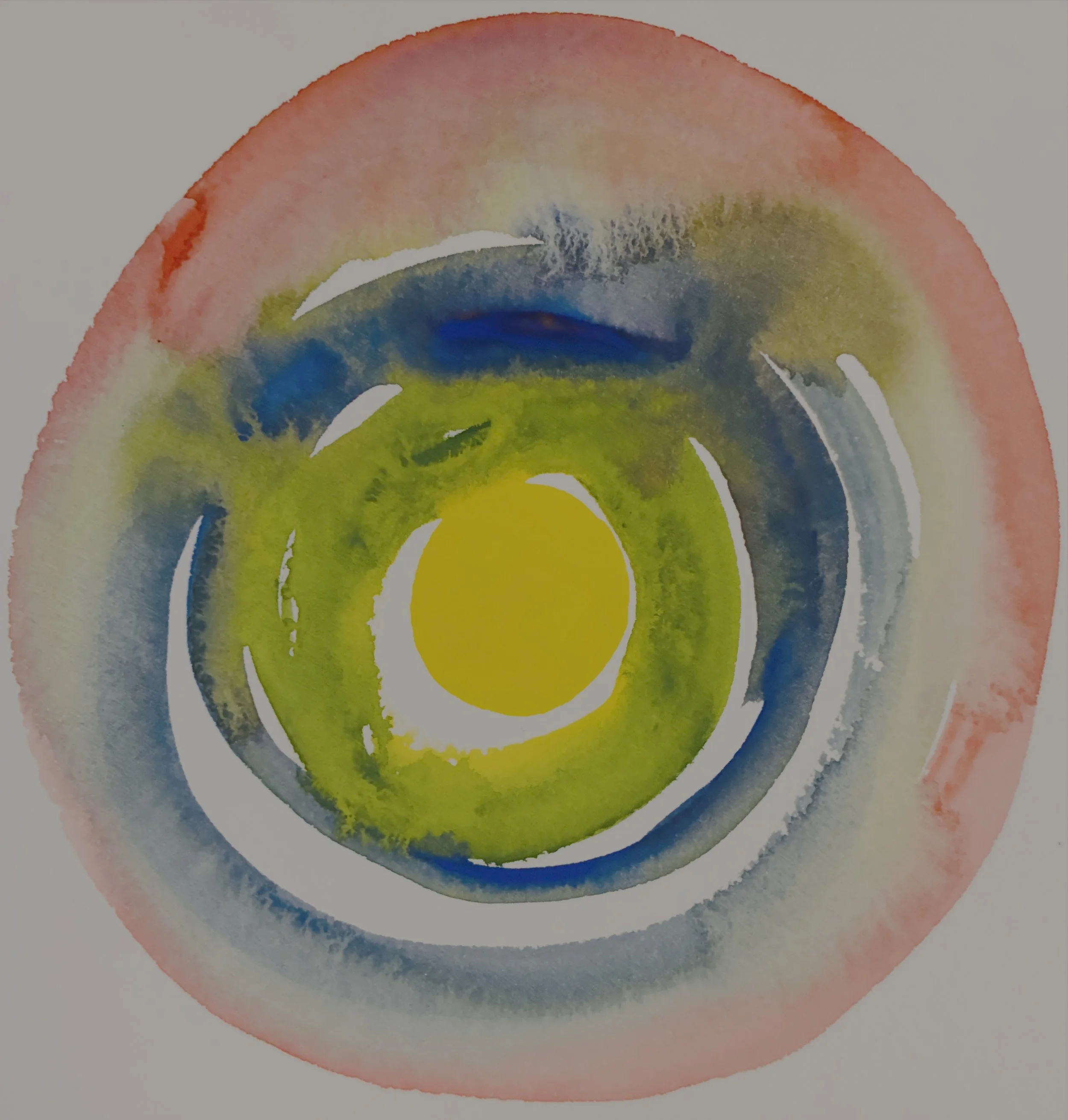A colorful abstract painting featuring concentric, watercolor washes of circles pooling into each other in shades of hot orange, soft sage green, muted blue, rich indigo, yellow green and vibrant goldenrod yellow at center.