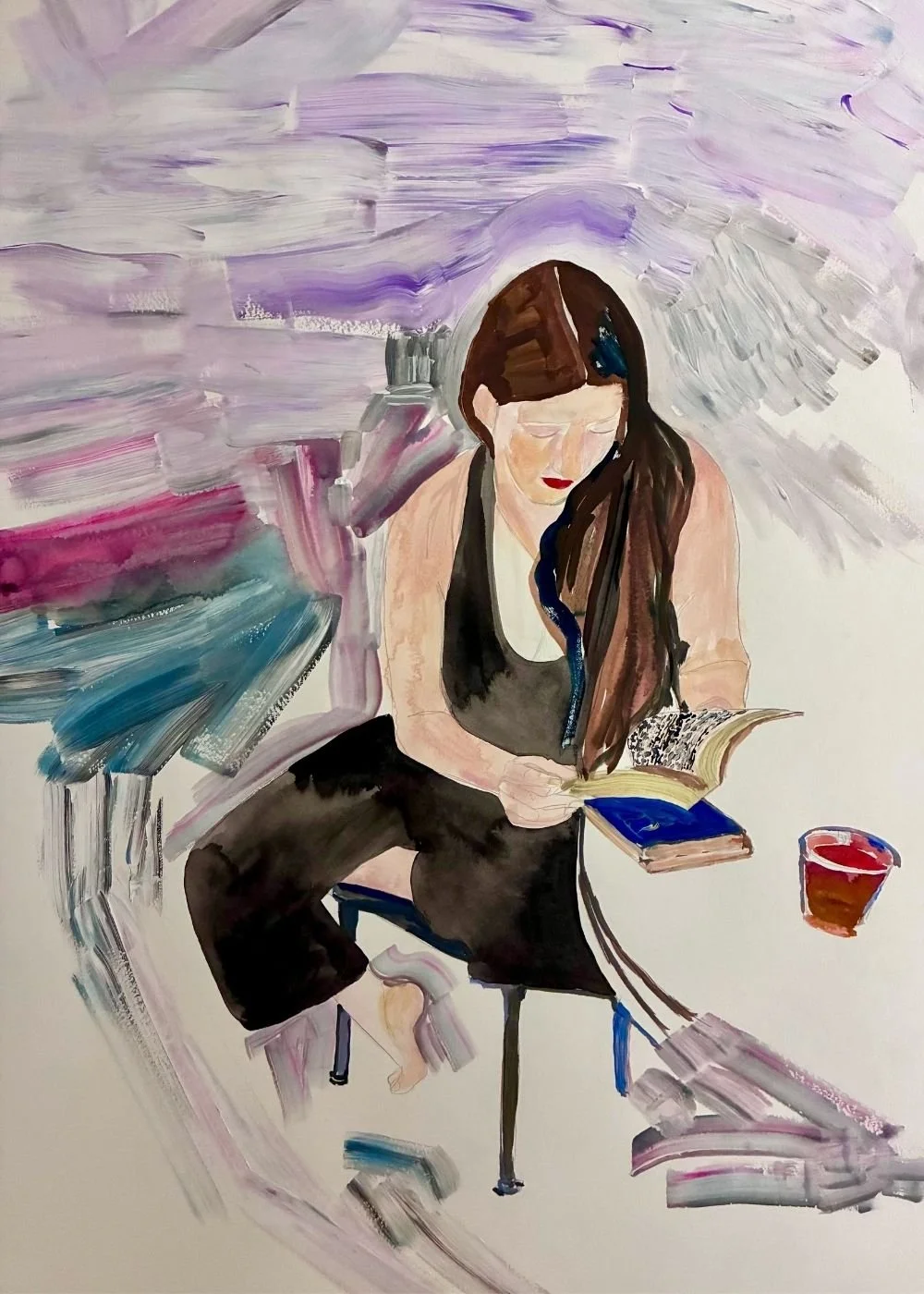 A loosely painted work featuring a woman sitting cross-legged on a stool, reading a book, with a red cup nearby, against an abstract, open, colorful background with purple, pink, gray, and teal washy details.
