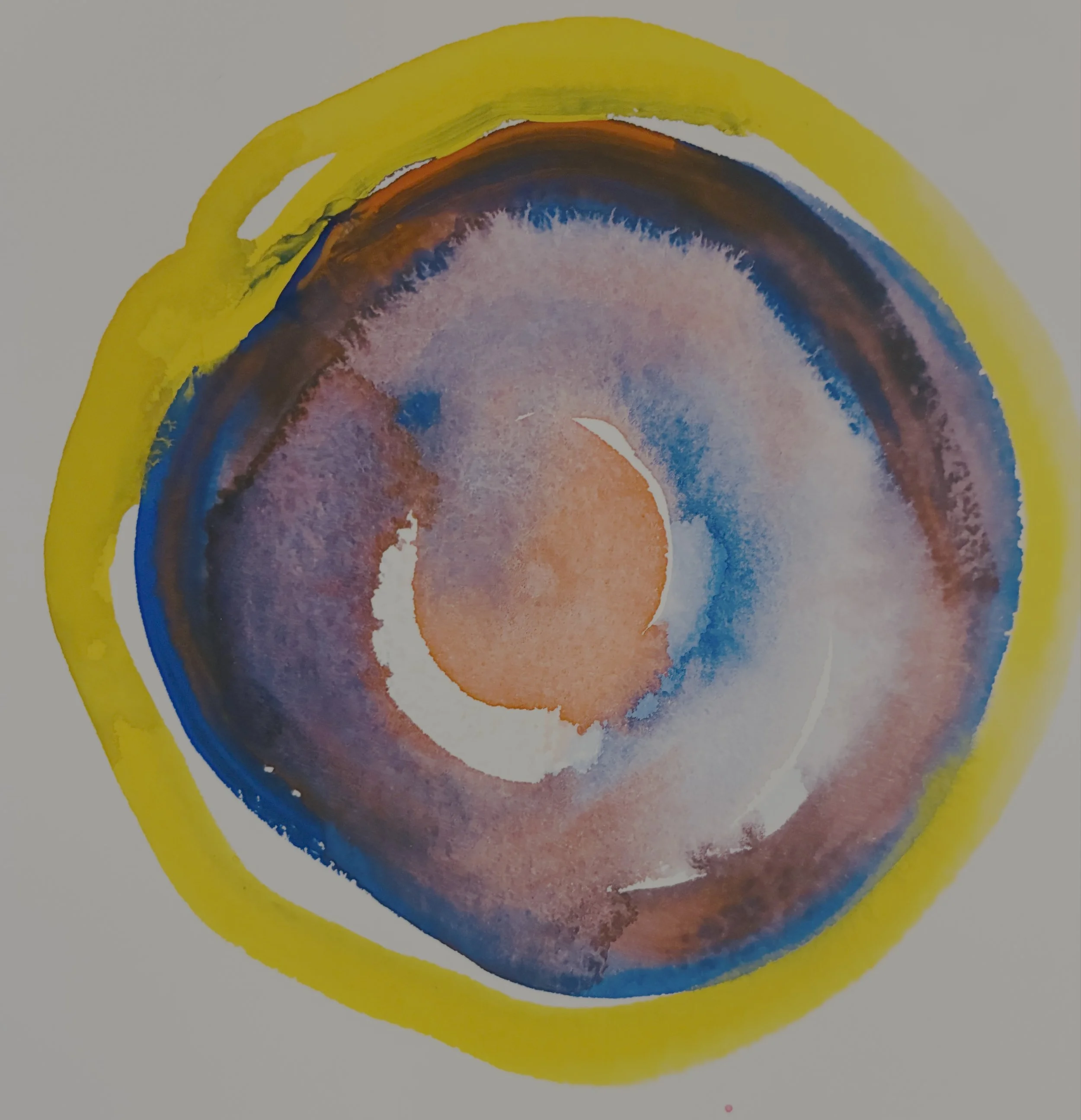 A colorful abstract painting featuring concentric, watercolor washes of circles pooling into each other in shades of pink, blue, red, orange, black, and white, surrounded by a yellow border.