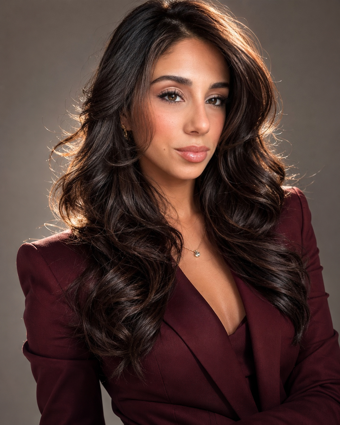 A woman with long, wavy dark hair and brown eyes, wearing a maroon blazer and a delicate necklace, looking confidently at the camera against a neutral background.