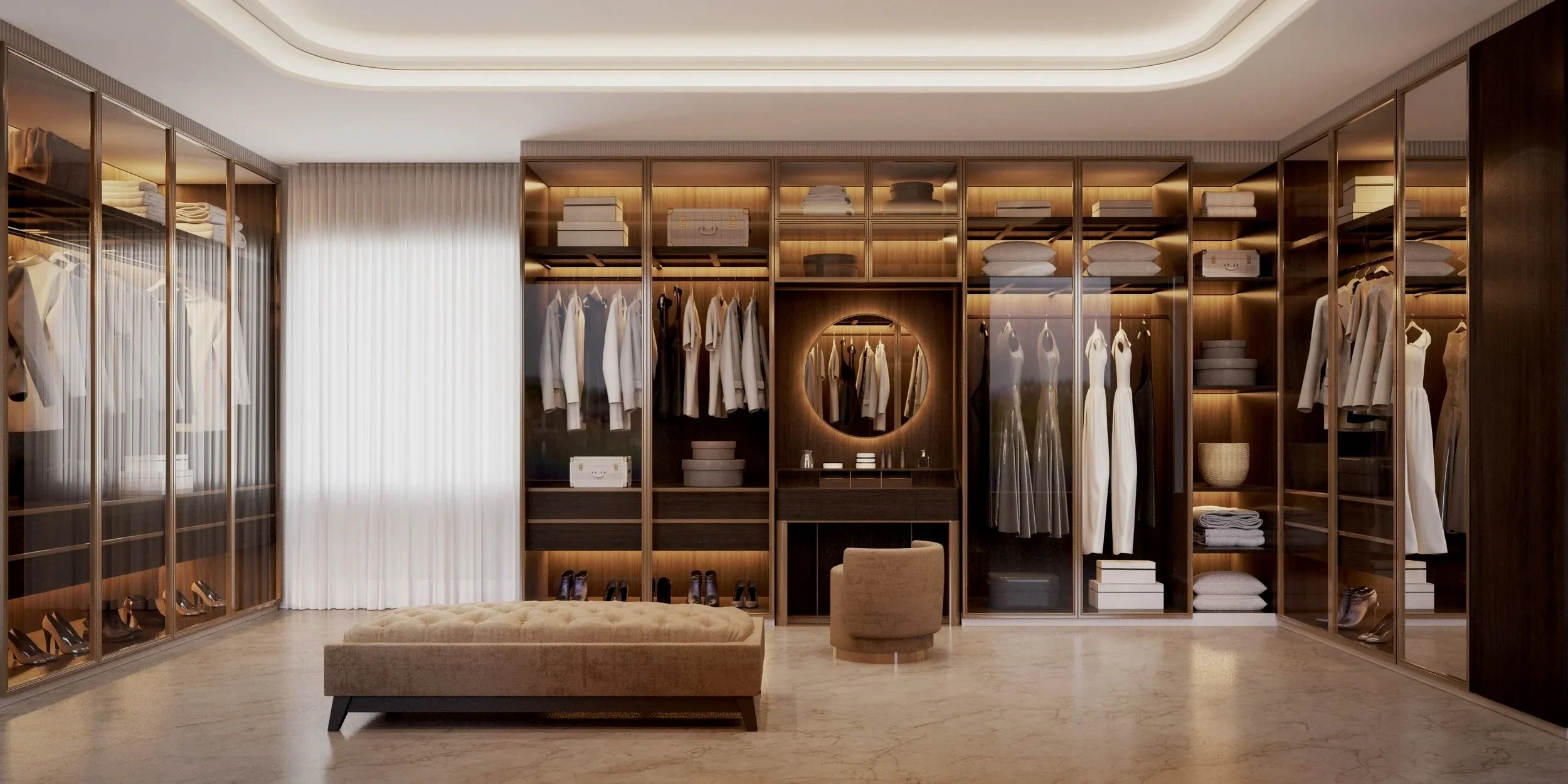 Luxurious walk-in closet with wooden shelving, white clothing, accessories, and a large mirror, illuminated by soft lighting.