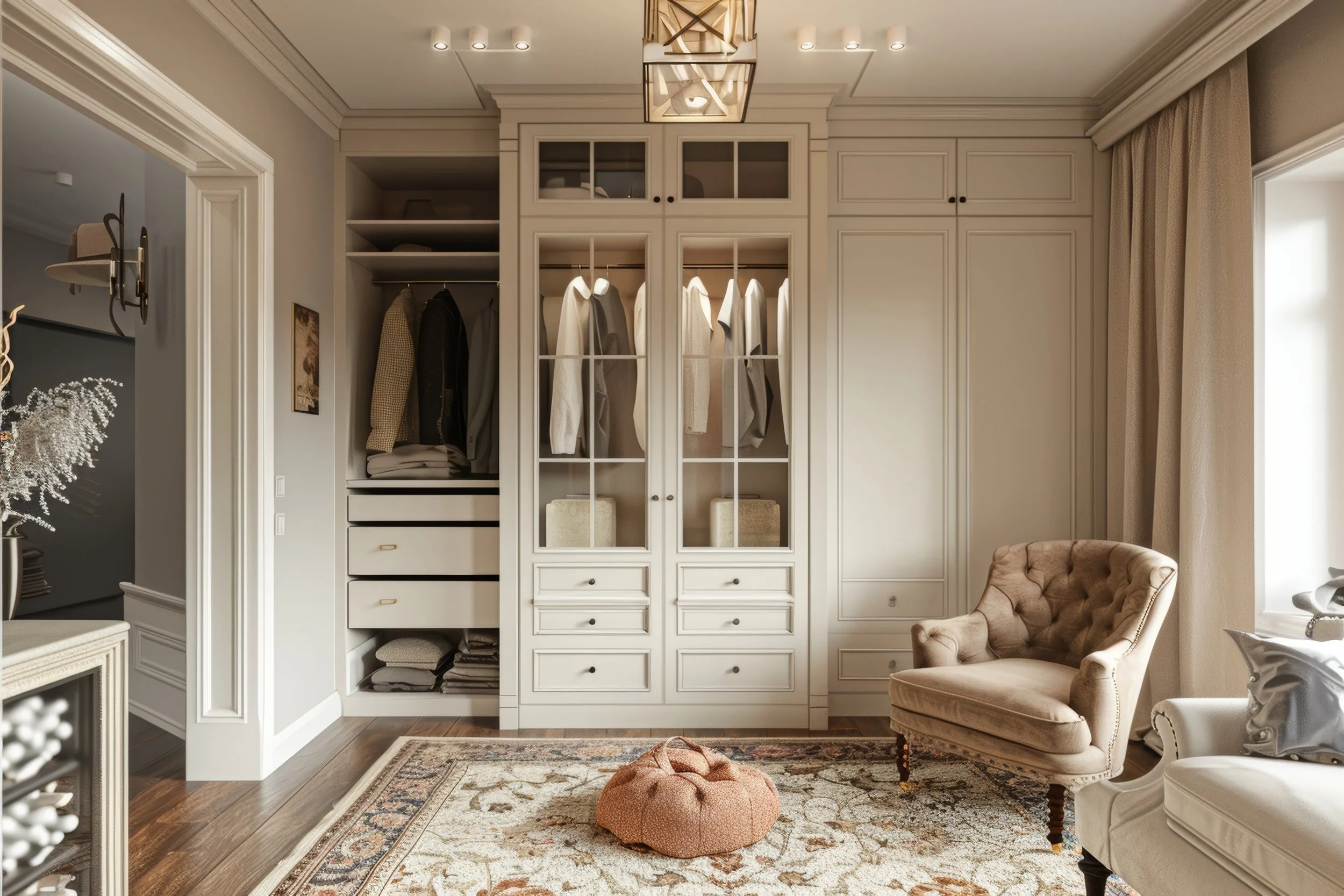 A walk-in closet with built-in white cabinetry and glass-paneled doors, containing hanging clothes, stacked linens, and storage drawers. A patterned rug covers the hardwood floor, and a beige tufted armchair is placed to the right near a window with cream curtains.