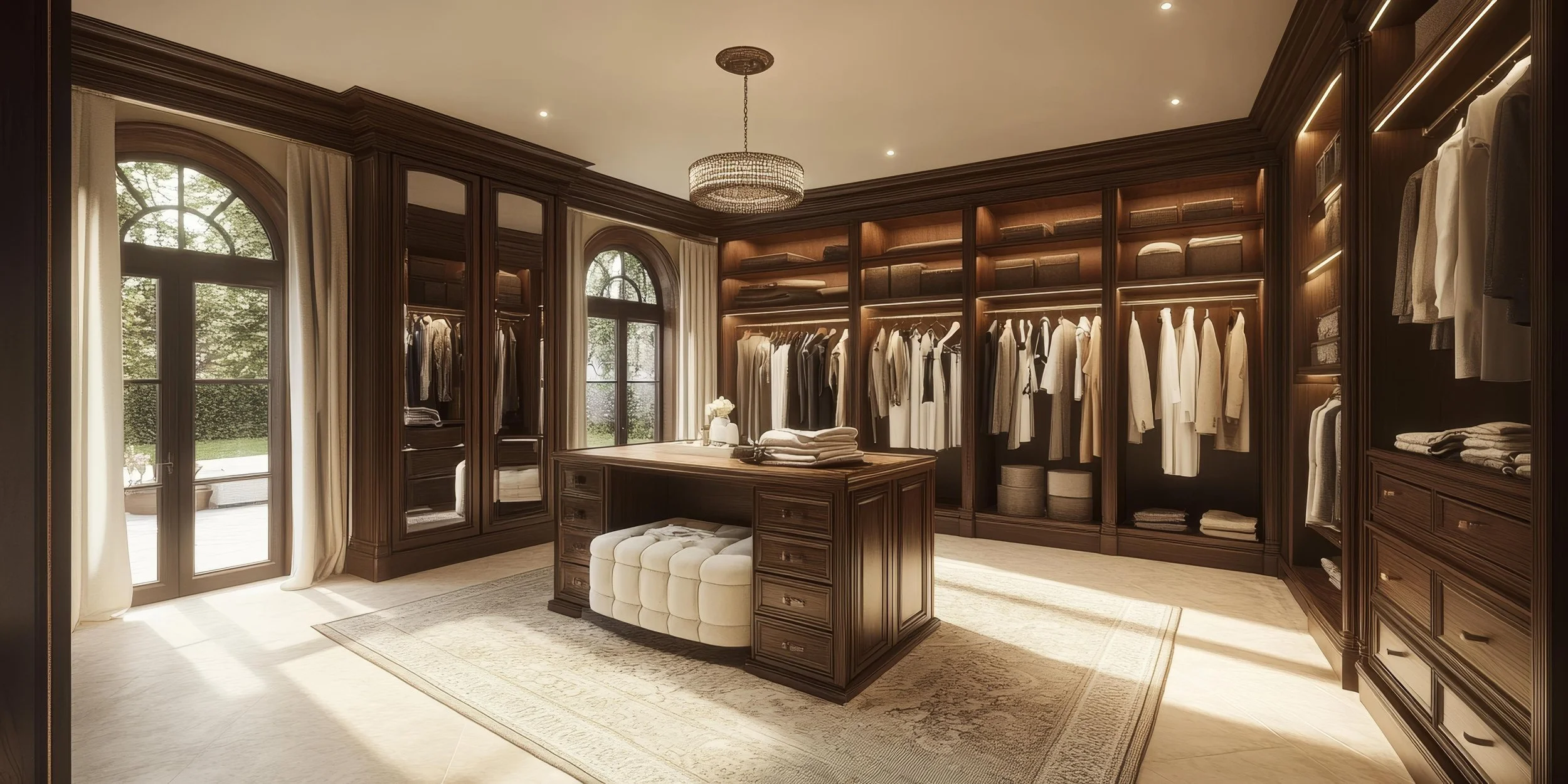 Luxurious walk-in closet with dark wooden cabinets, clothing and accessories, a central island, and large windows with curtains.