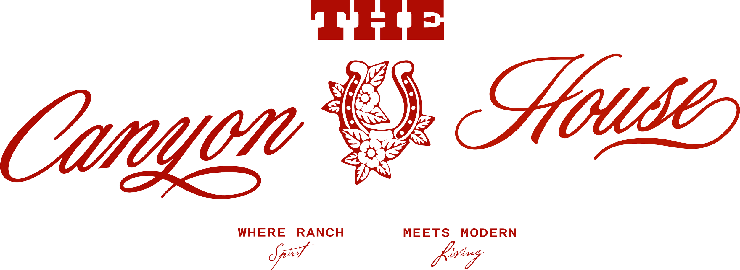 Logo de la marque The Canyon House avec un fer à cheval et des fleurs stylisées, texte en rouge 'Where ranch meets modern living'