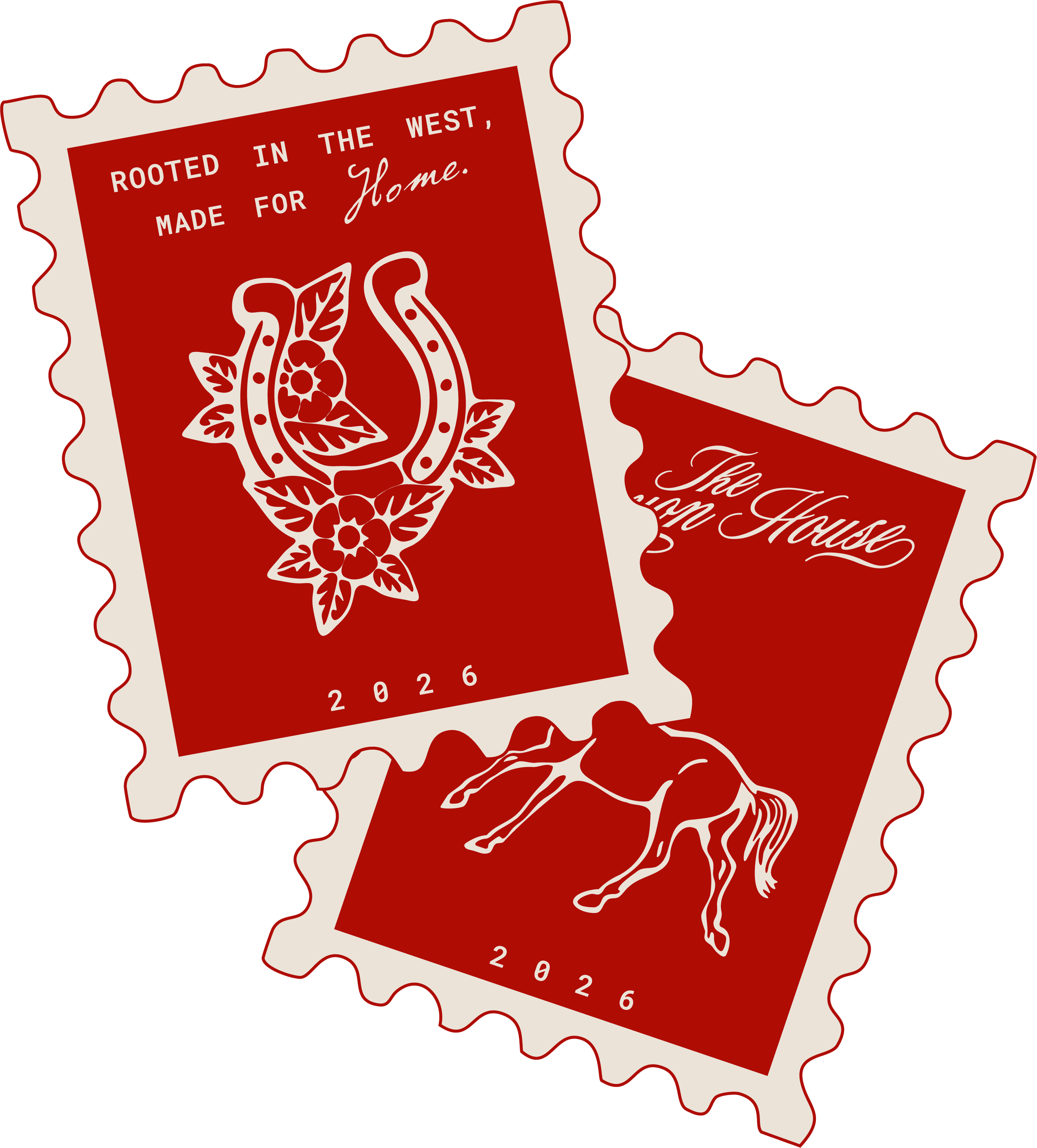 Deux timbres postaux rouges avec un design floral et une silhouette de cheval, datant de 2026, avec la mention "The Canyon House" et "rooted in the west, made for home'