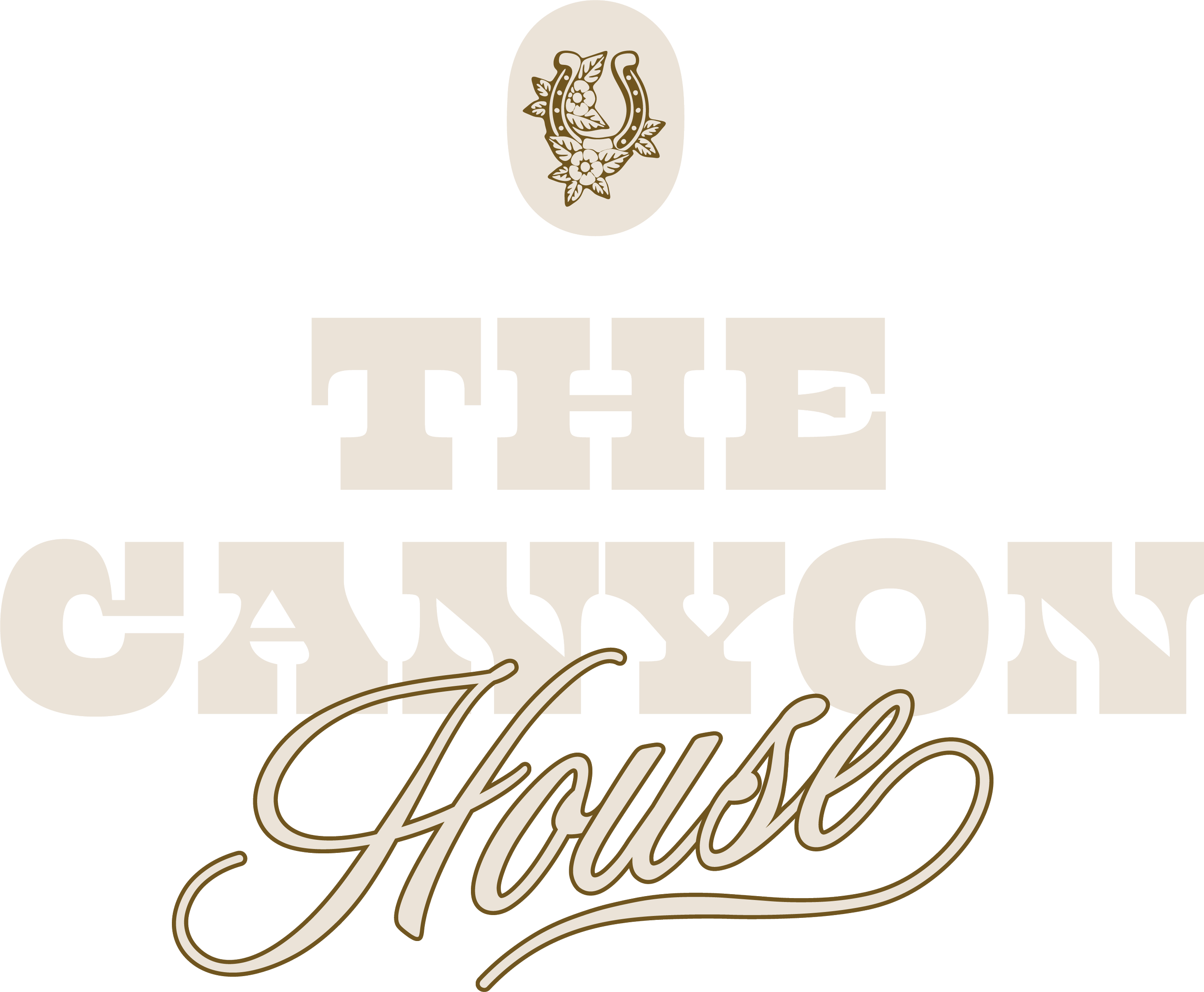 Logo avec un fer à cheval stylisée entourée de fleurs, texte en blanc "The Canyon House", et le mot "House" en écriture cursive beige