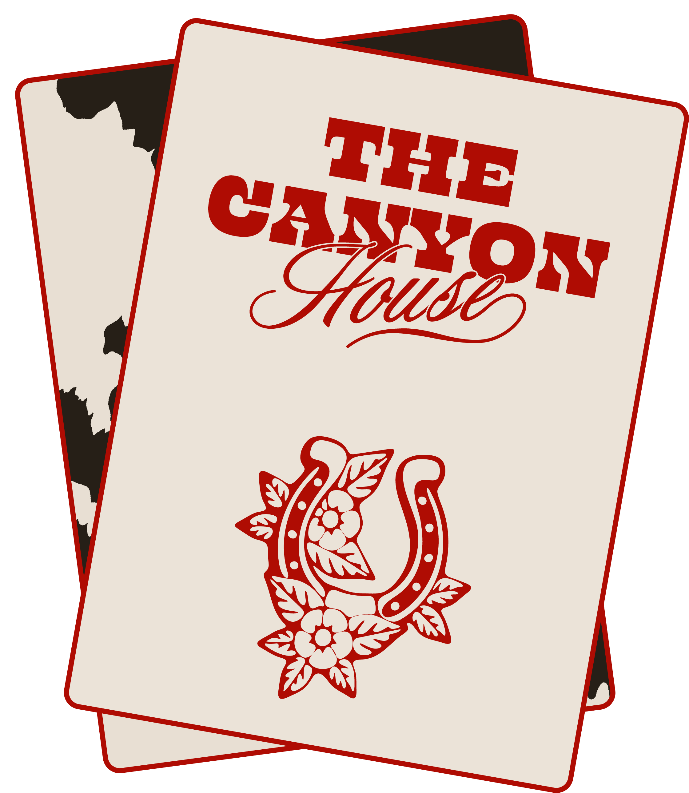 Deux cartes de jeu, la première avec le texte 'The Canyon House' et un fer à cheval avec des fleurs stylisées, la seconde partiellement visible avec un motif en noir et blanc de peau de cheval.
