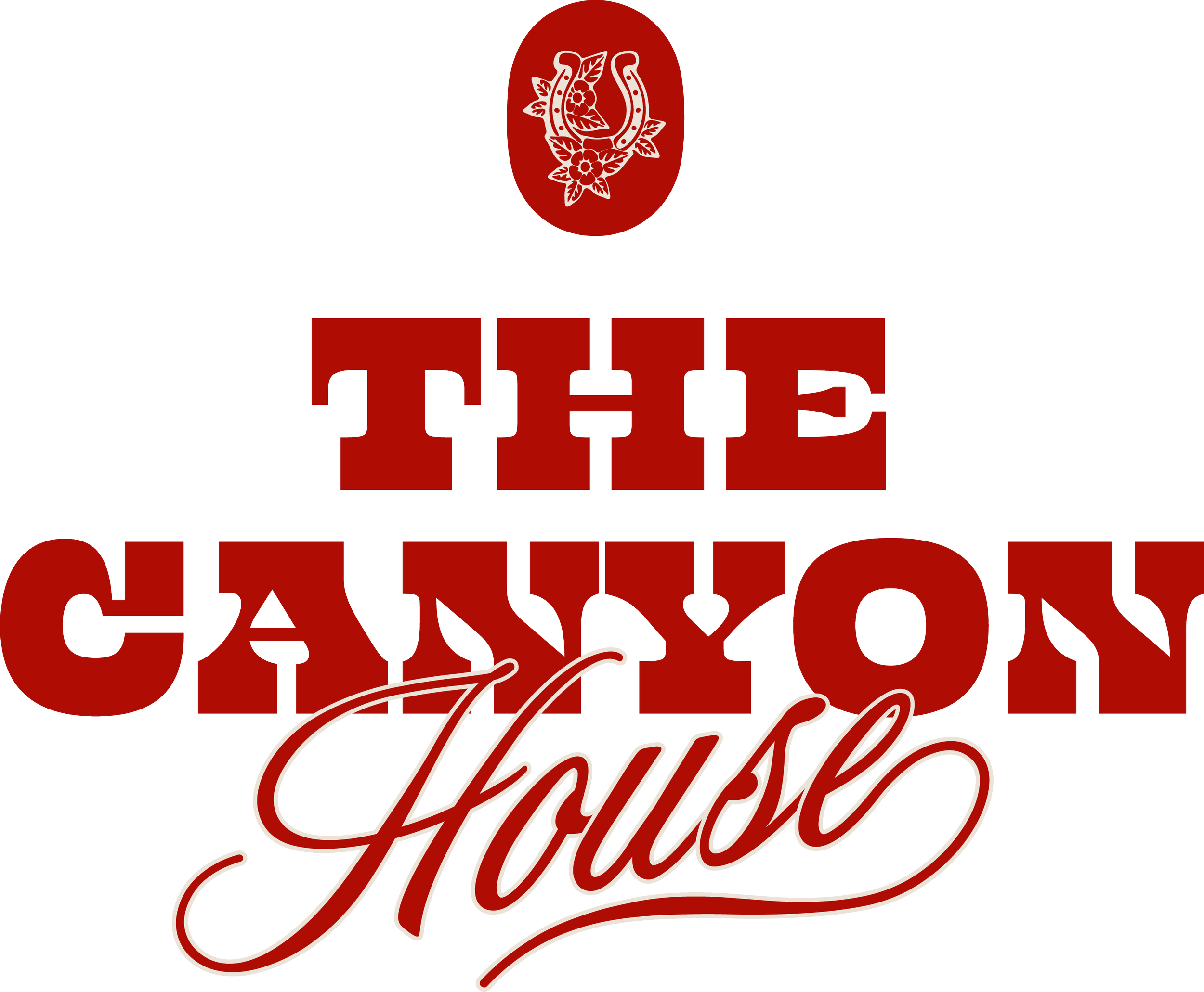 Logo rouge 'the canyon house' comprenant une un fer à cheval avec des fleurs stylisées.