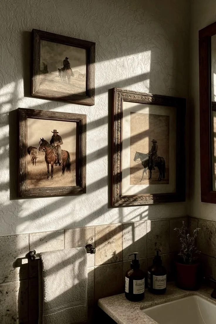 Trois tableaux représentant des cavaliers à cheval accrochés au mur d'une pièce baignée de lumière solaire et formant des rayures d'ombre sur le mur et le lavabo.