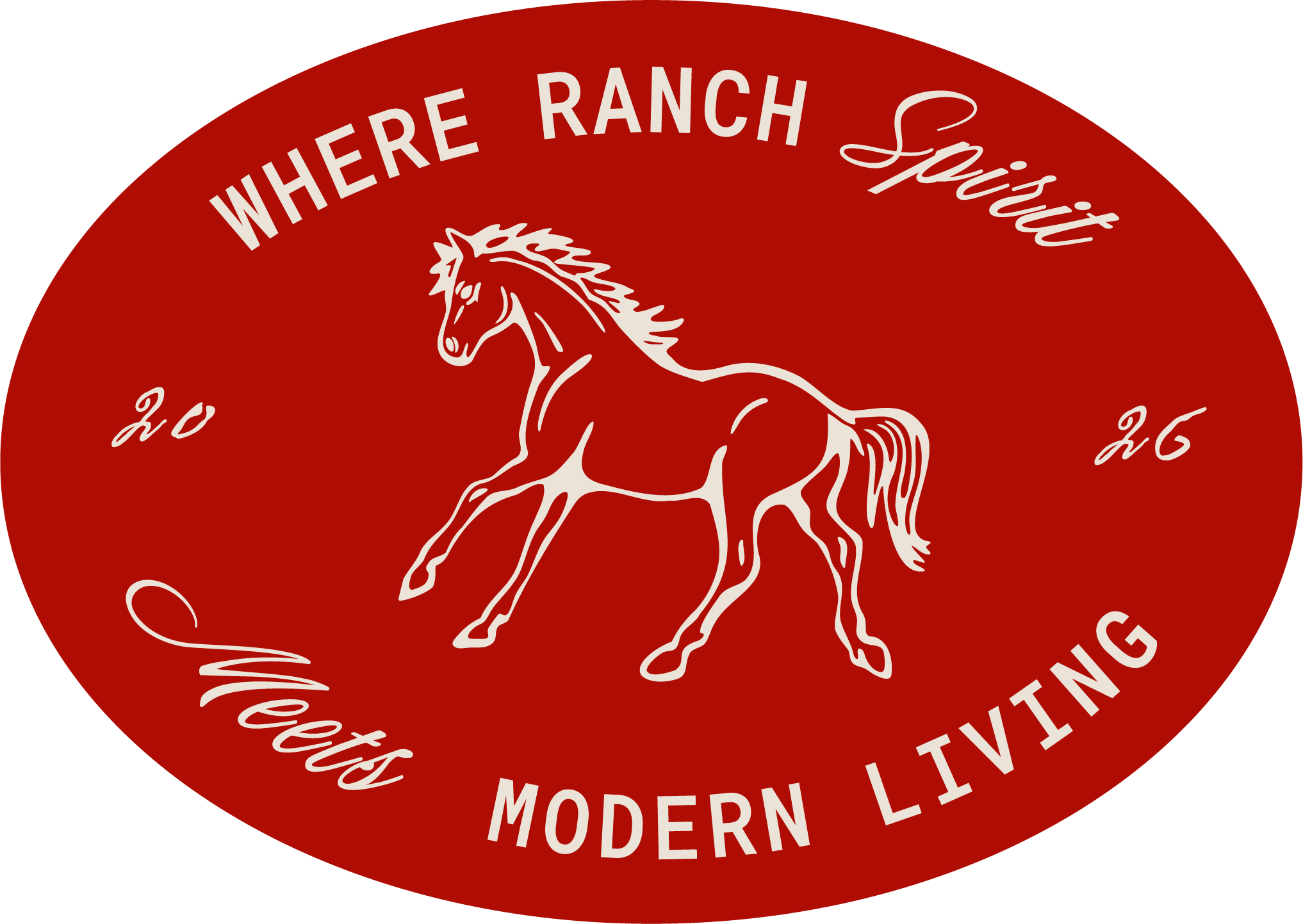 Logo rond rouge avec un cheval blanc stylisé au centre. Le texte 'WHERE RANCH' en haut et '20 26' en bas à gauche et 'MODERN LIVING' en bas à droite. Le slogan 'Spirit' et 'meets'  écrit en cursif.