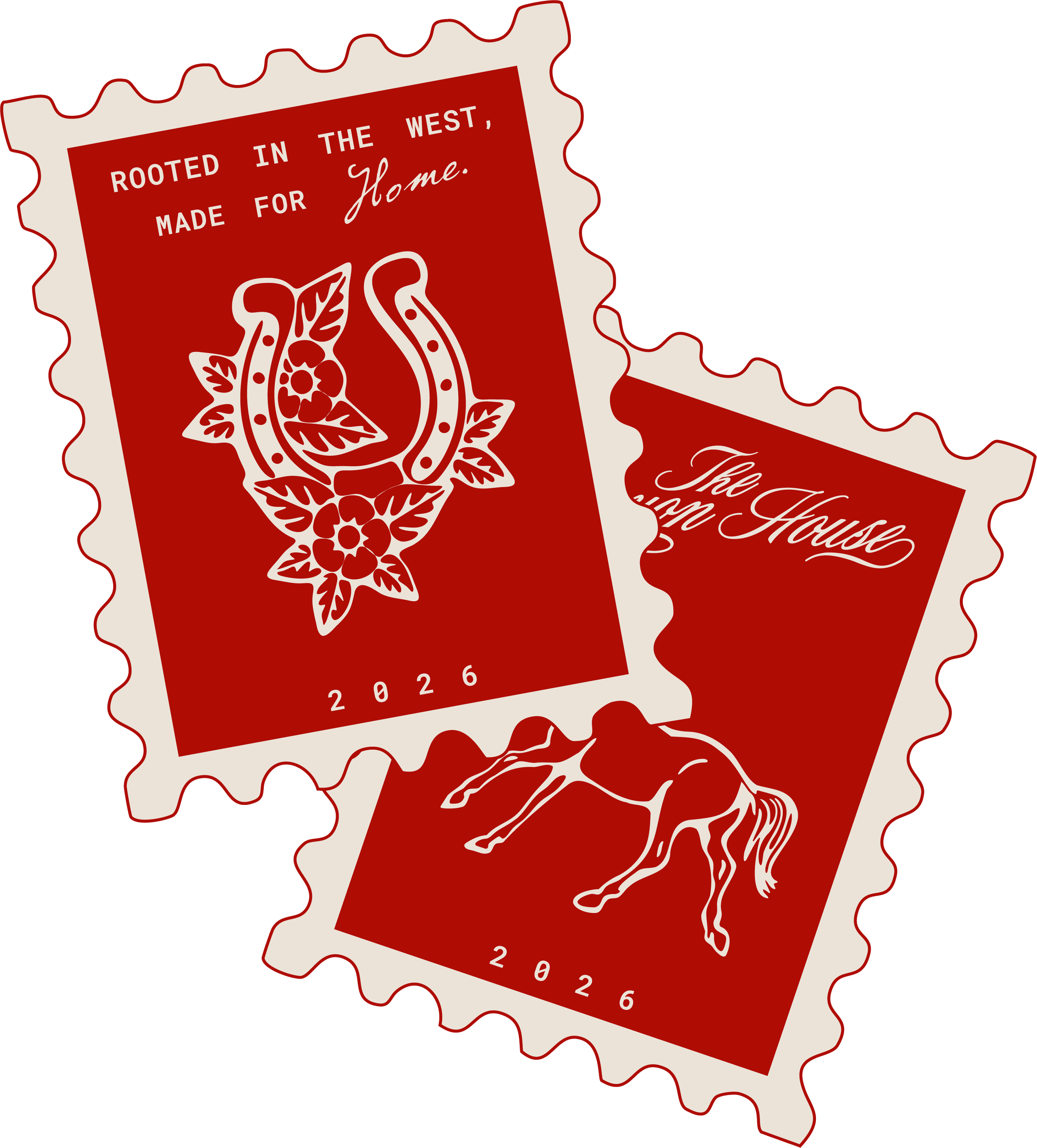 Deux timbres postaux rouges avec un design floral et une silhouette de cheval, datant de 2026, avec la mention "The Canyon House" et "rooted in the west, made for home'