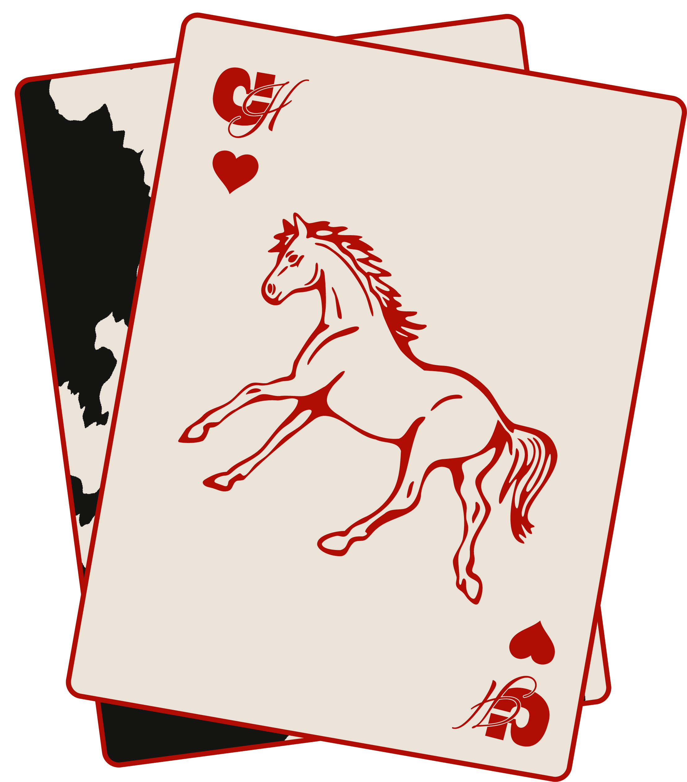Deux cartes à jouer, une avec un cheval et un cœur, de couleur beige avec une bordure rouge, et la deuxième avec un motif brun foncé et beige de peau cheval.
