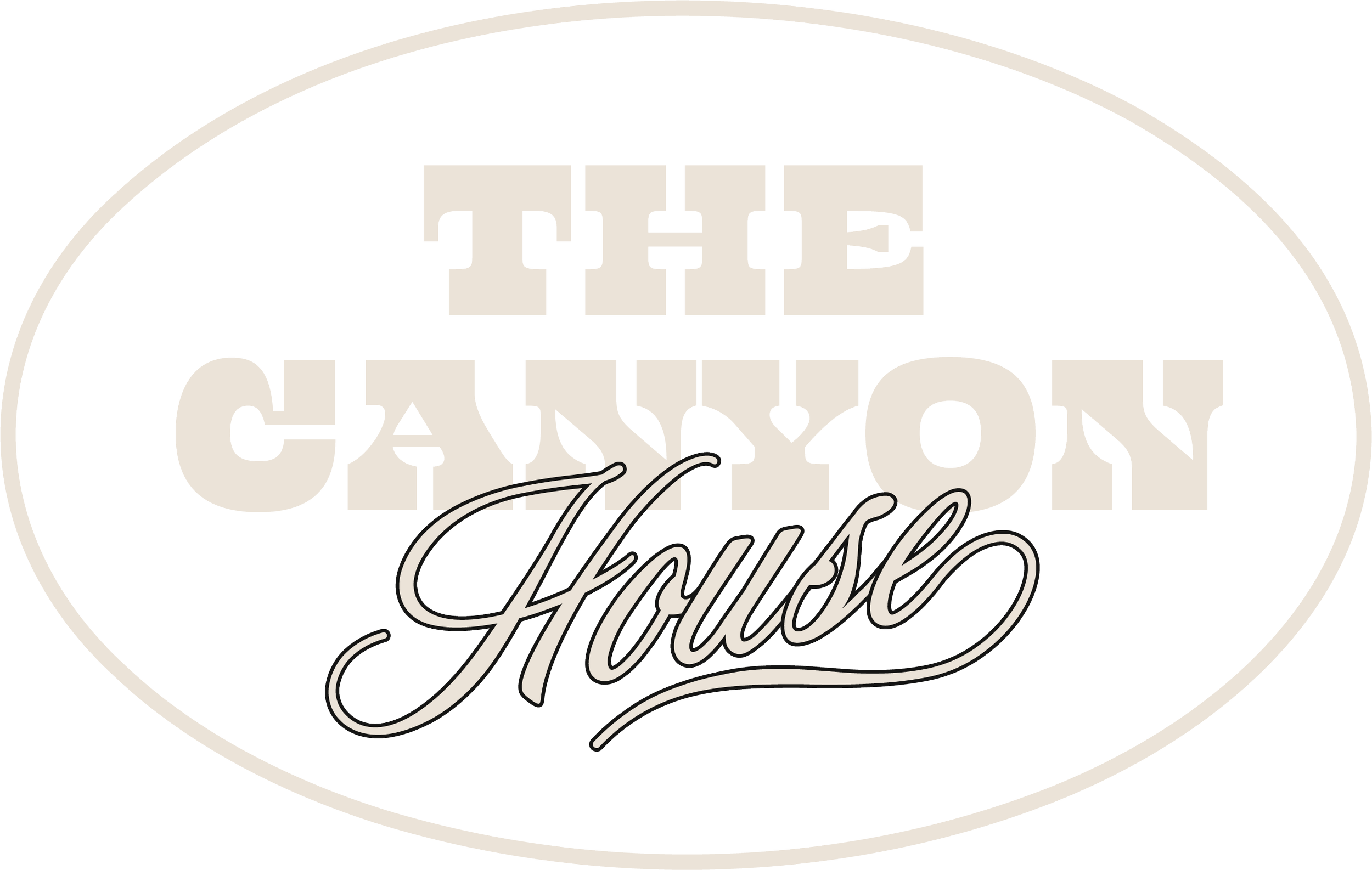 Logo oval avec le texte 'The Canyon' en typographie western et 'House' en écriture cursive.
