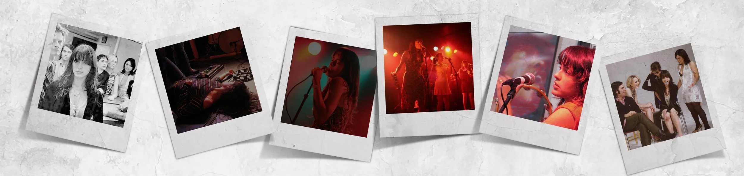 A series of photographs, including black and white and color photos of Stella Psaroudakis, the band Tralala performing on stage with colorful lighting, and a group of men and women sitting and standing in a casual setting.